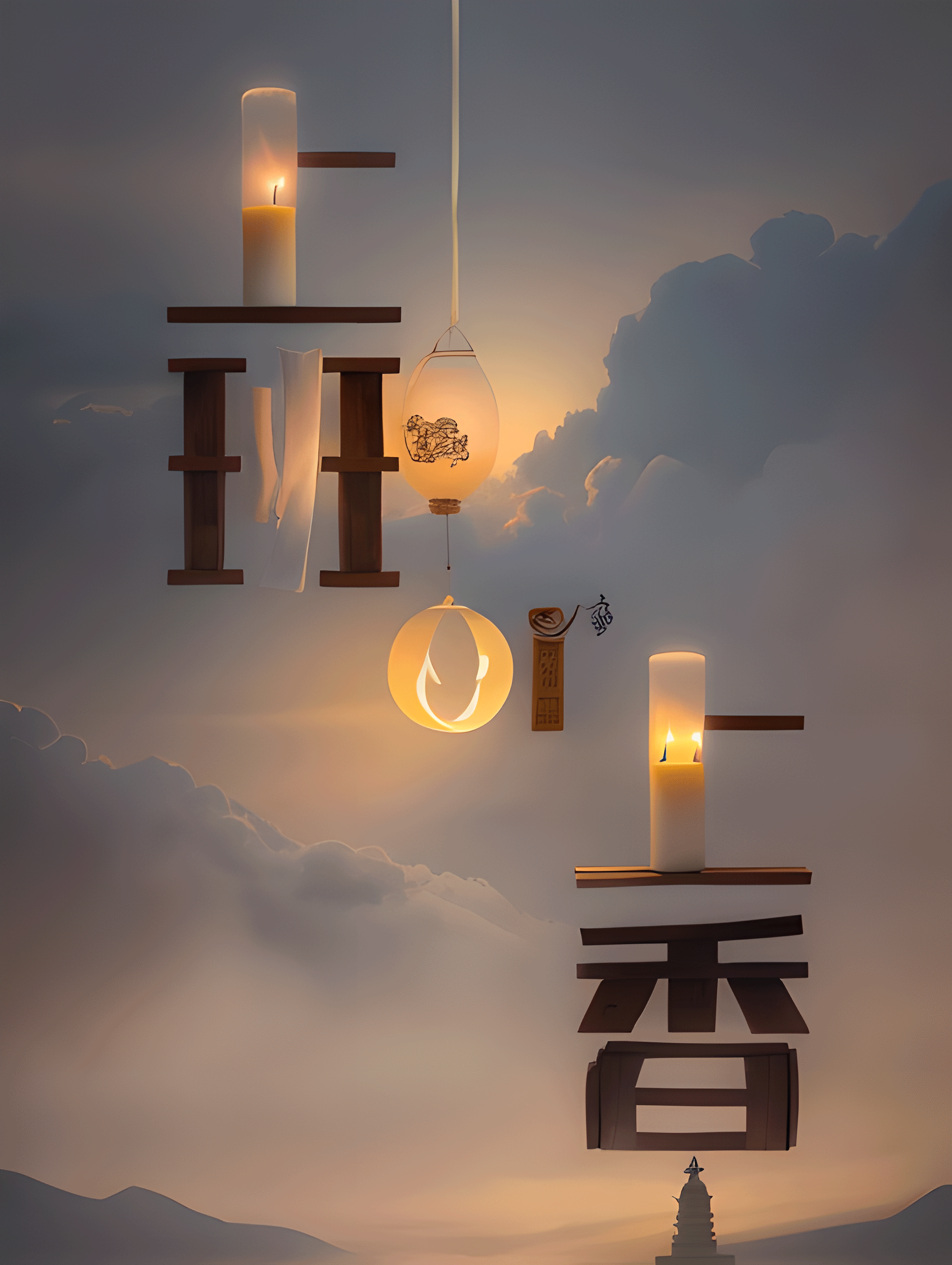 图片展示了一幅以“上香”为主题的海报艺术字。画面背景为日落时分的云层，色调温暖。画面中有两根香，一根在画面左侧，一根在右侧，香座为木质。香座上方各有一个悬挂的灯笼，灯笼内有佛像图案。画面右下角有一座宝塔。海报整体风格古朴，结合了传统元素与现代艺术表现手法，与文档中用PS融合Mj生成图片，保留主题、抠图、换佛祖形象等操作步骤相呼应。