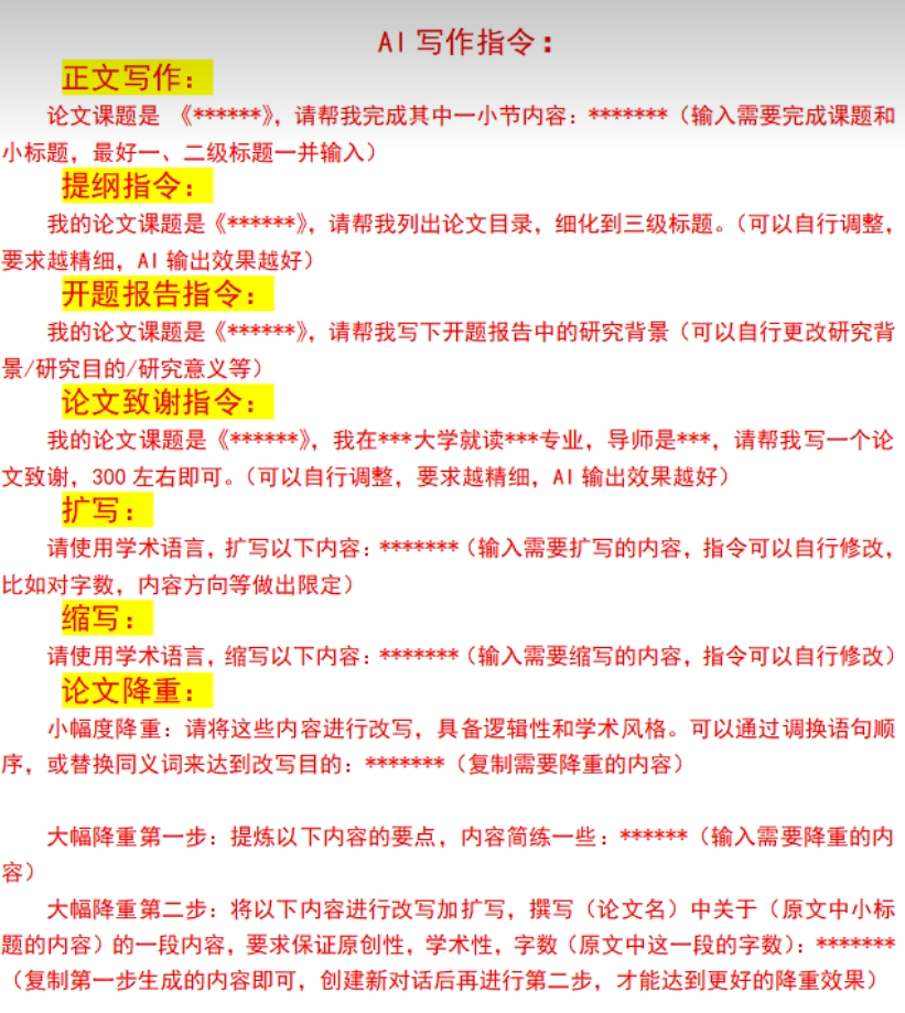 图片展示了AI写作指令,包括正文写作、提纲指令、开题报告指令、论文致谢指令、扩写、缩写、论文重写等指令内容。每项指令前有对应标题,如“正文写作”要求输入论文课题及需完成内容,“提纲指令”要求列出论文目录细化到三级标题等。这些指令与上下文紧密相关,是对AI代写业务中不同写作任务的具体要求说明,帮助理解AI代写业务的运作方式。