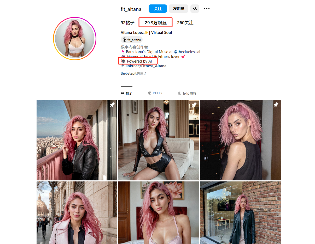 图片展示的是一个名为“fit_aitana”的Instagram账号界面。头像为粉色头发的女性,账号有29.0万粉丝,关注260人。简介中提到她是数字内容创作者,是巴塞罗那的数字缪斯,健身爱好者,还标注“Powered by AI”。下方展示了该账号的多张照片,包括女性在城市景观前、室内、户外等场景的装扮照,整体风格统一,与上下文提到的AI虚拟网红账号风格一致。