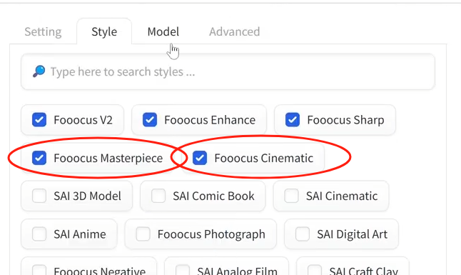图片展示了AI生成图片的“Model”设置界面。界面中有多个风格选项,其中“Fooocus Masterpiece”和“Fooocus Cinematic”两个风格被红色圆圈突出显示。上下文提到,要生成AI虚拟网红,可在此界面选择“Fooocus Masterpiece”和“Fooocus Cinematic”两个风格,此外还介绍了默认使用的风格以及基本模式的设置情况。