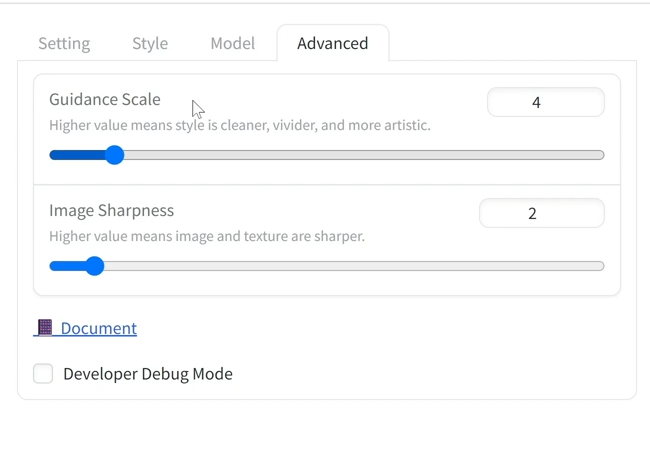 图片展示的是AI生成图像的高级设置界面。界面中有“Guidance Scale”和“Image Sharpness”两个设置项,当前“Guidance Scale”值为4,“Image Sharpness”值为2。其中“Guidance Scale”说明越高风格越干净、生动、艺术;“Image Sharpness”说明越高图像和纹理越清晰。此外,界面底部还有“Developer Debug Mode”选项。该图片与上下文介绍的AI生成图像设置相关,直观呈现了高级设置中的关键参数。