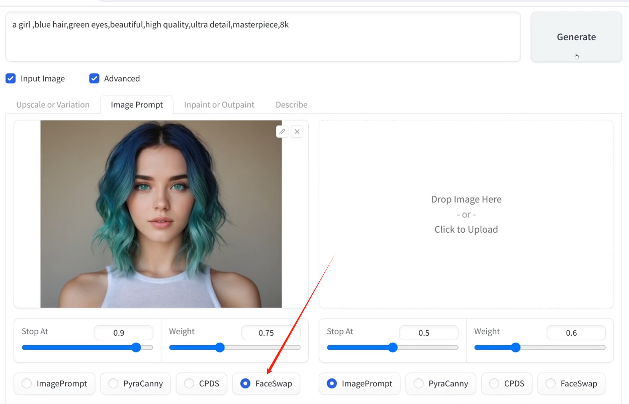 图片展示的是AI生成虚拟网红的界面设置。左侧为“Input Image”和“Advanced”选项,选中“Advanced”后,下方出现“Upscale or Variation”等标签,当前选中“Image Prompt”。右侧是“FaceSwap”功能设置区域,有“Stop At”和“Weight”滑块,当前“Stop At”为0.5,“Weight”为0.6,下方还有“ImagePrompt”“PyraCanny”“CPDS”“FaceSwap”等选项,其中“FaceSwap”被红色箭头指向。该图片与上下文介绍的AI生成虚拟网红操作步骤相关,展示了FaceSwap功能的设置界面。