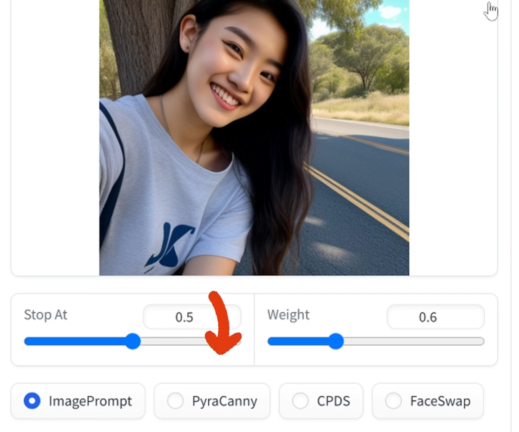 图片展示了fooocus AI生成虚拟网红的界面。上方是一张女性自拍照片,她面带微笑,穿着印有图案的白色T恤,背景是户外道路和树木。下方有“Stop At”和“Weight”两个滑块,分别用于控制生成图像的细节程度和权重。滑块右侧有“ImagePrompt”“PyraCanny”“CPDS”“FaceSwap”四个选项,其中“ImagePrompt”被选中。图片与上下文介绍的通过描述词更改场景、让fooocus随机生成场景的内容相关,直观呈现了操作界面。