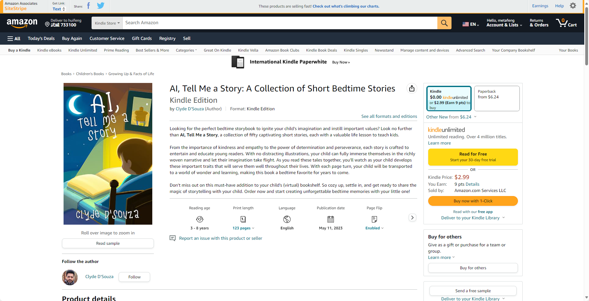 图片展示的是亚马逊平台儿童绘本《AI, Tell Me a Story: A Collection of Short Bedtime Stories》的页面。页面上方有亚马逊标志及导航栏，中间是绘本封面，封面上有月亮、星星和一个小孩。右侧有价格信息，Kindle版售价2.99美元，Kindle Unlimited版免费，还可选择购买纸质书。下方有“Read for Free”按钮，以及“Buy for others”等购买选项。该图片与文档中介绍儿童绘本故事书变现方式的内容相关，直观呈现了在亚马逊平台销售儿童绘本的页面样式。