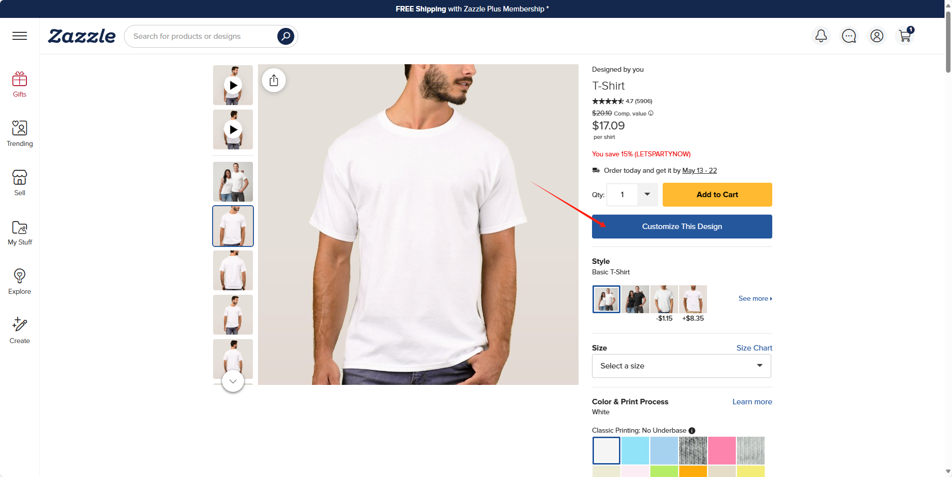 图片展示的是Zazzle平台上的T恤设计页面。页面上方显示“FREE Shipping with Zazzle Plus Membership”。中间部分有T恤设计示例，下方有“Add to Cart”按钮，旁边有“Customize This Design”选项。页面右侧显示T恤设计信息，包括设计者、价格、销量等。下方有“Style”“Size”“Color & Print Process”等设置选项。该图片与文档中“利用AI工具绘制你的艺术作品，然后进行设计和修改，适合在T-shirt，明信片，海报中使用”的内容相关，展示了T恤设计的平台操作界面。