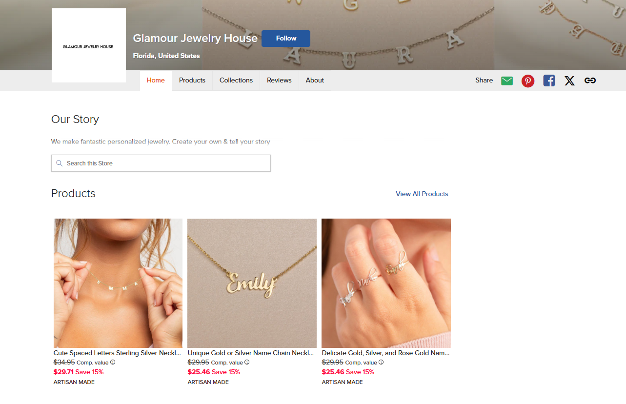 图片展示的是Glamour Jewelry House店铺页面。页面上方有店铺名称及位置信息，下方是“我们的故事”板块，介绍其制作个性化珠宝的理念。中部搜索框旁有“Products”等导航栏。下方“Products”板块展示了三款珠宝产品，分别是“Cute Spaced Letters Sterling Silver Necklace”（售价34.95）、“Unique Gold or Silver Name Chain Necklace”（售价29.95）、“Delicate Gold, Silver, and Rose Gold Name”（售价$29.95），每款产品下方有价格、折扣信息及“ARTISAN MADE”标识。该图片与上下文介绍的店铺运营思路相关，展示了店铺商品展示形式。