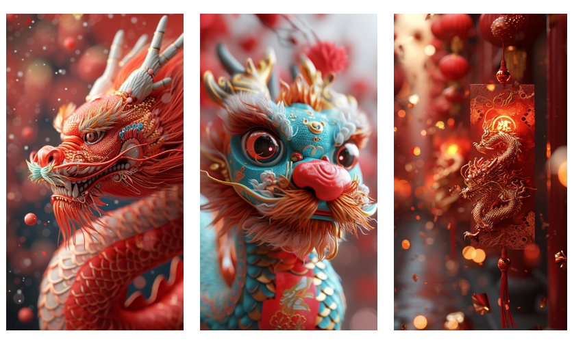 图片展示了三幅精美的AI绘画作品。左侧是一条红色的龙,龙身鳞片细腻,张开大嘴,背景有红色的光斑和装饰。中间是一条蓝色的龙,龙身花纹复杂,龙须卷曲,背景同样有红色光斑。右侧是一张红色的挂饰,挂饰上有金色的龙图案,背景有红色的灯笼和光斑。这些作品色彩鲜艳,细节丰富,与上下文介绍的AI绘画工具画出精美、漂亮的图片相契合。