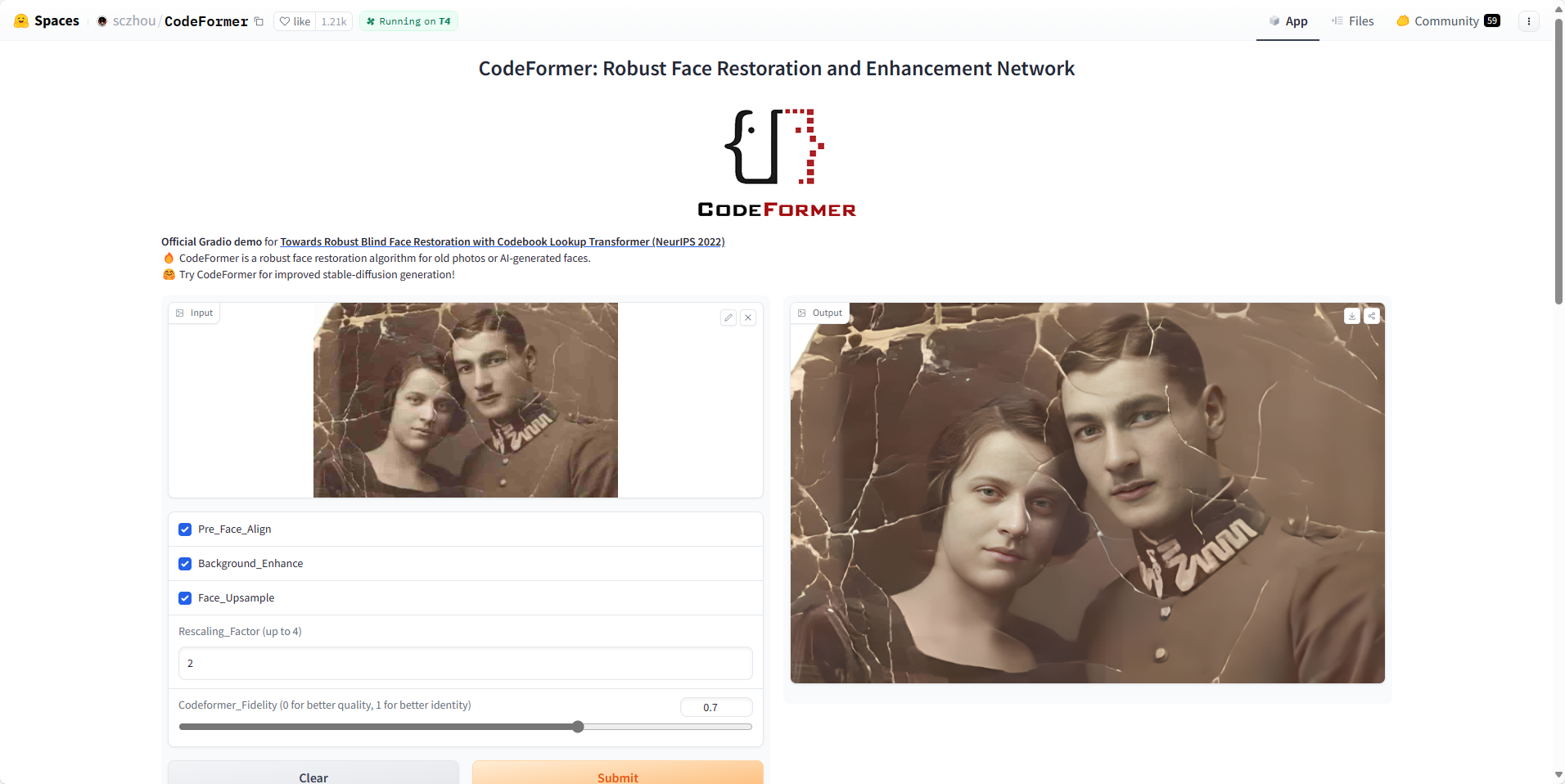 图片展示的是CodeFormer修复老照片的界面。左侧为修复前的老照片,画面中有一对男女,背景有裂纹。右侧是修复后的照片,裂纹被修复,人物面部和衣物细节更加清晰。界面下方有“Pre_Face_Align”“Background_Enhance”“Face_Upsample”等选项,以及“Rescaling_Factor”滑块和“CodeFormer_Fidelity”滑块。该图片与上文介绍CodeFormer修复老照片的内容相关,直观呈现了修复效果。