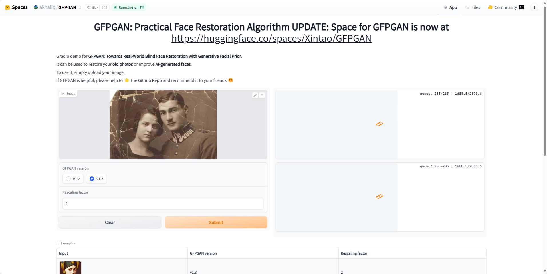 图片展示的是GFPGAN修复算法的界面。上方标题为“GFPGAN: Practical Face Restoration Algorithm UPDATE: Space for GFPGAN is now at https://huggingface.co/spaces/Xintao/GFPGAN”。界面中有“GFPGAN”“App”“Files”“Community”等导航栏。中间部分有“GFPGAN version”可选择v5.2或v5.3,“Rescaling factor”可输入数值,默认为2,还有“Clear”和“Submit”按钮。右侧有“Kudos”及“Kudos: 280/284 | 1488.3 / 2898.4”等信息。该图与上下文介绍的GFPGAN修复算法相关,展示了其使用界面。