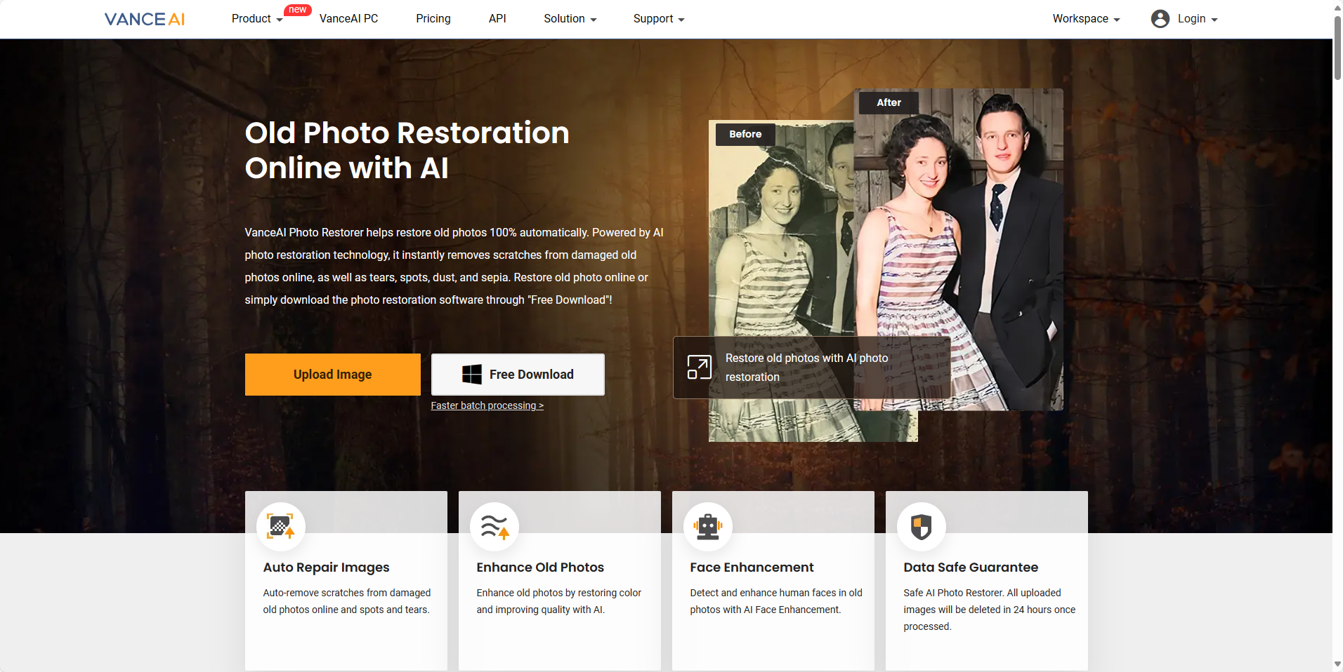 图片展示的是VanceAI网站界面,标题为“Old Photo Restoration Online with AI”,介绍VanceAI Photo Restorer可利用AI技术自动修复老照片。界面有“Upload Image”和“Free Download”按钮,下方有“Auto Repair Images”“Enhance Old Photos”“Face Enhancement”“Data Safe Guarantee”四个功能板块,还展示了修复前后对比图。该图片与文档中提到的开发类似VanceAI照片修复工具的内容相关,直观呈现了该工具的界面和功能。