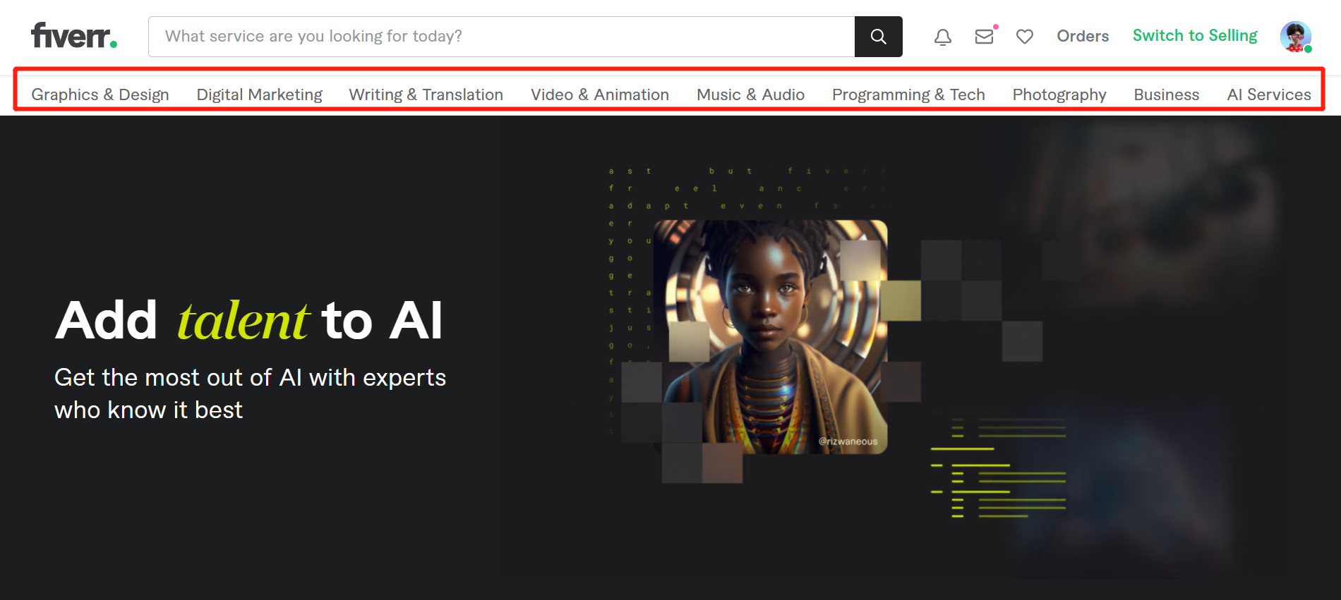 图片展示了Fiverr平台的导航栏,其中“AI Services”被红色框线突出显示。导航栏包含多个服务类别选项,如Graphics & Design、Digital Marketing、Writing & Translation等,AI Services位于最右侧。该图片与上下文紧密相关,上下文提到Fiverr提供了各种AI相关服务,而图片直观呈现了平台中AI服务类别,帮助用户了解其在平台中的位置及类别分布情况。
