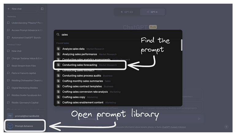 图片展示了在ChatGPT中使用Prompt Advance扩展的界面。左侧有“Prompt Advance”按钮，点击后弹出搜索框，输入“sales”后，下方出现多个与销售相关的提示词选项，如“Analyze sales data”“Conducting sales forecasting”等。图片中用箭头和文字标注了“Open prompt library”和“Find the prompt”两个关键操作步骤，直观呈现了在ChatGPT中通过该扩展查找和使用销售相关提示词的操作流程。