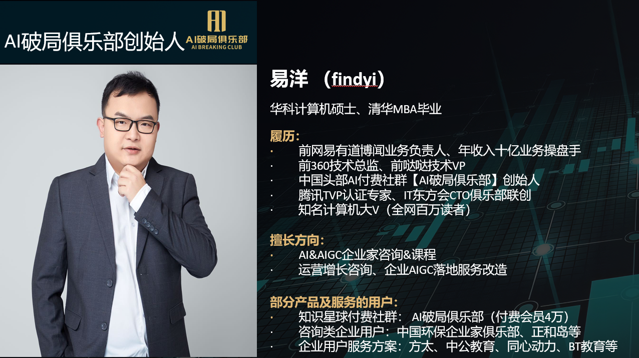 图片展示了AI破局俱乐部创始人易洋（findyi）的相关信息。他毕业于华中科技大学计算机专业和清华大学经管硕士。履历方面，曾任网易有道博闻业务负责人、年收入十亿业务操盘手等。擅长方向为AI&AIIGC企业家咨询&课程、运营增长咨询、企业AIGC落地服务改造。部分产品及服务的用户包括知识星球付费社群、咨询类企业用户等。该图片与文档中介绍易洋身份及成就的内容紧密相关，直观呈现其背景与能力。