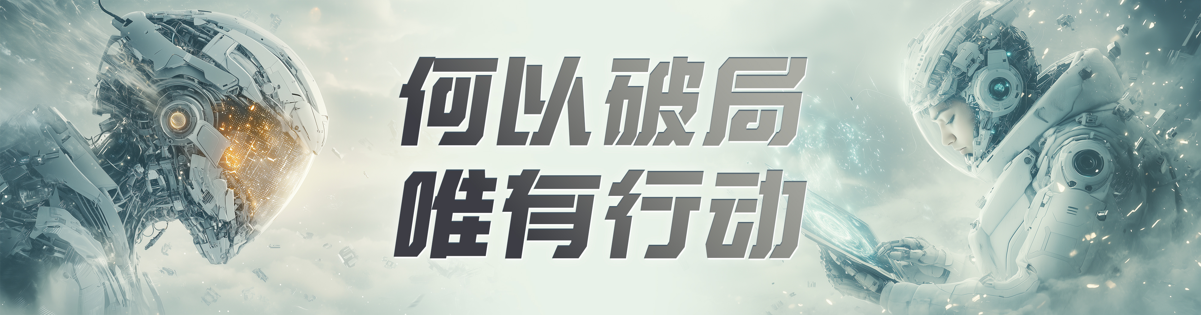 图片背景为科幻风格，左侧是带有发光核心的球体，右侧是身着宇航服的机器人。画面中央以大字突出显示“何以破局唯有行动”，传达出行动是破局的关键理念。该图片位于介绍AI破局俱乐部“破局行动”线上训练营的文档中，与上下文紧密相关，直观呈现了训练营的主题，强调通过行动来突破瓶颈，提升AI学习力。