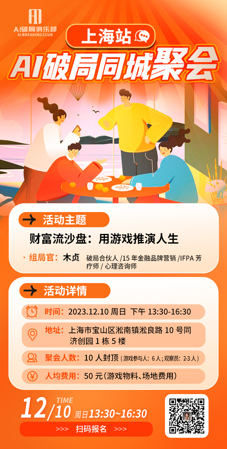 图片是AI破局俱乐部上海站同城聚会的宣传海报。主题为“财富流沙盘：用游戏推演人生”，组局官是木贞，他有15年金融品牌营销经验，是IFPA芳疗师/心理咨询师。活动时间为2023年12月10日13:30 - 16:30，地点在上海市宝山区淞南镇淞良路10号同济创园1栋5楼，聚会人数10人封顶（游戏参与6人，观察23人），人均费用50元（含游戏物料、场地费用）。海报右下角有二维码，可扫码报名。