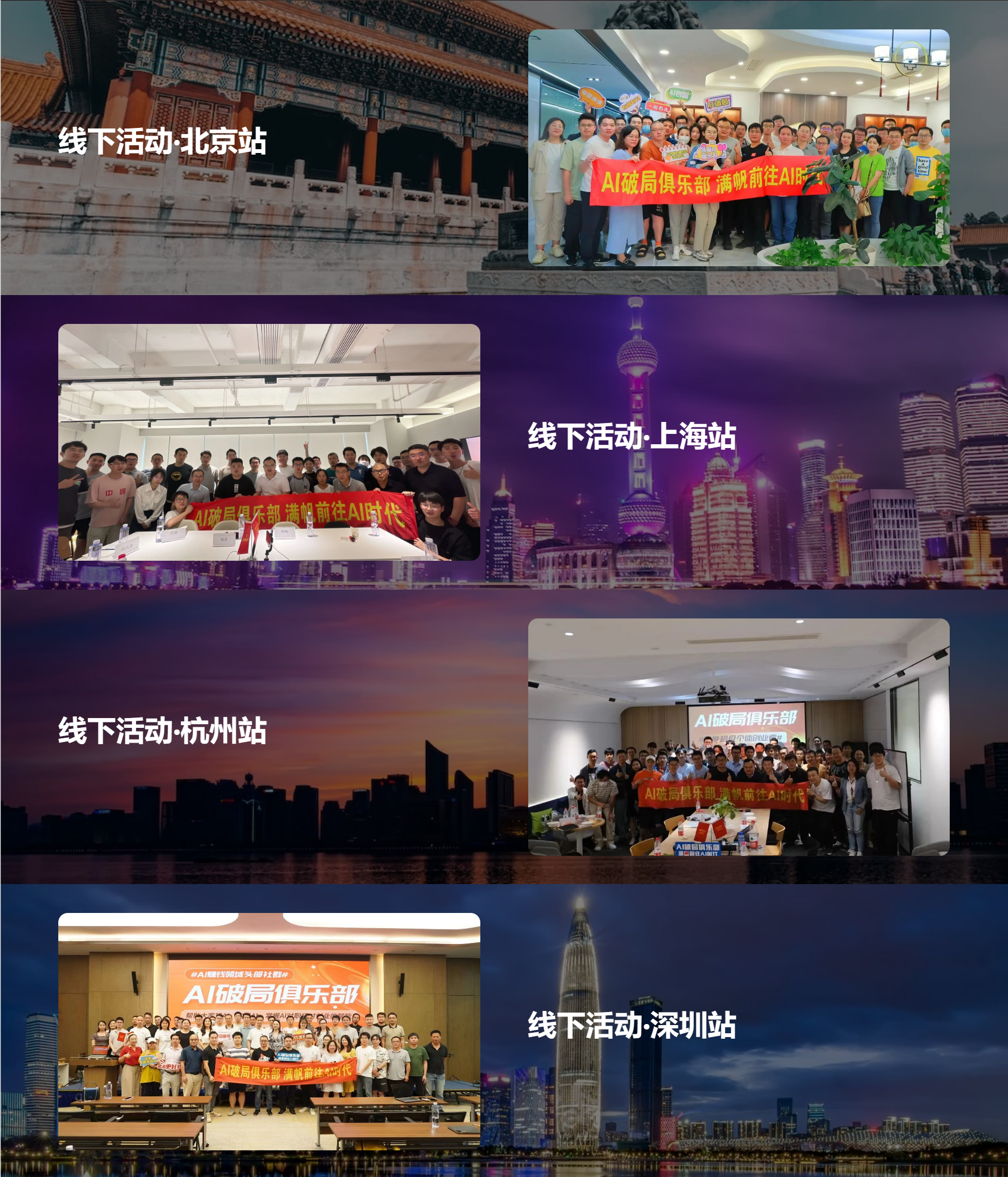 图片展示了AI破局俱乐部线下活动的场景。上方是北京站，背景为故宫，众人合影。中间是上海站，背景为上海夜景，众人在室内合影。下方是杭州站，背景为杭州夜景，众人在室内合影。最下方是深圳站，背景为深圳夜景，众人在室内合影。图片与上下文紧密相关，直观呈现了线下活动的地点和氛围，体现了破局会员们线下相聚、互相切磋的场景。