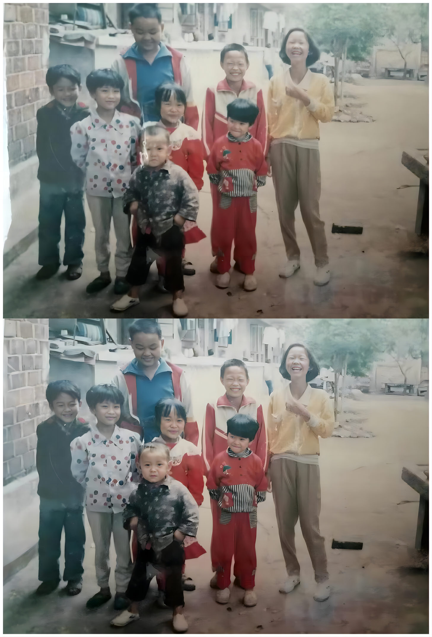 图片展示了两张对比图,上方为一张模糊的老照片,照片中有七位小孩和一位成年女性,背景是砖墙和地面。下方是经过修复处理后的照片,画面清晰,人物面部表情更生动,背景中的树木和地面细节也更加明显。该图片