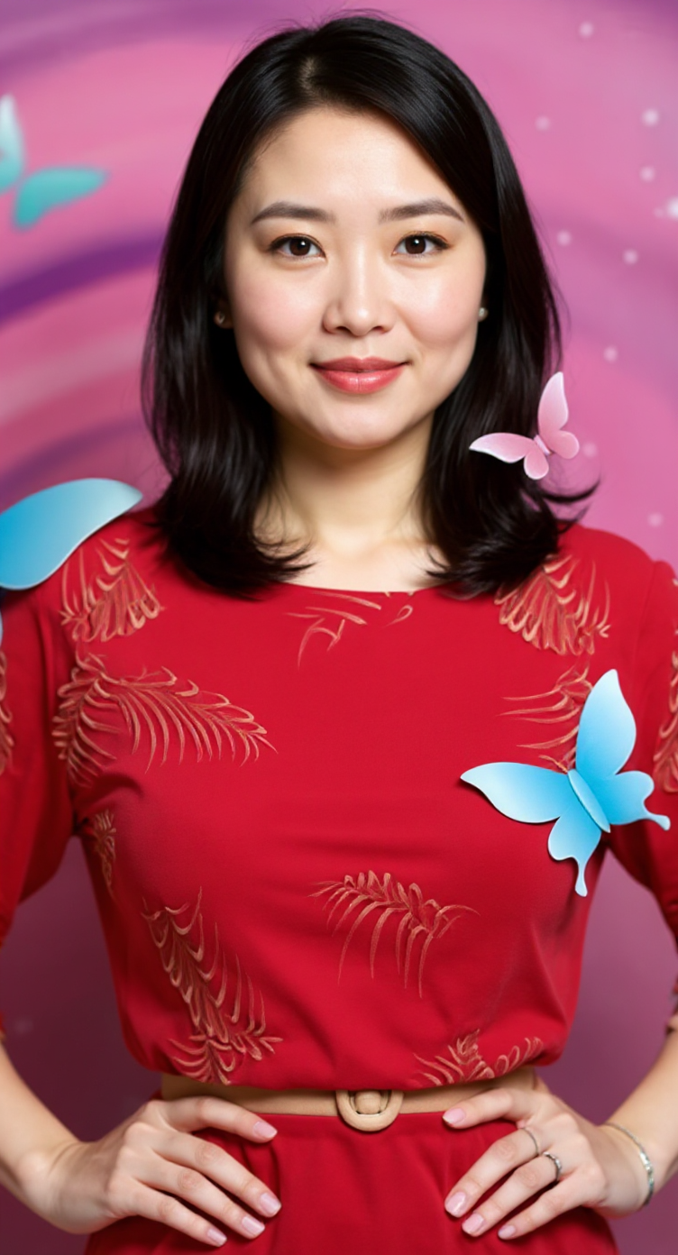 图片展示了一位箭一位身着红色上衣的女性。她有着黑色短发,面带微笑,双手叉腰,表情自信。上衣上有金色花纹装饰,左胸处有一个蓝色蝴蝶图案。背景为粉色,背景中还有蓝色和粉色的蝴蝶图案。此图与文档中“第一步:准备老照片”内容相关,是用于
