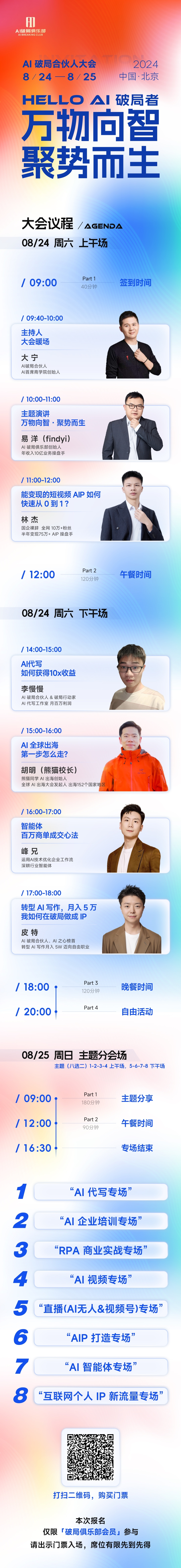 图片为2024年8月24 - 25日在北京举办的AI破局合伙人大会日程表。8月24日上下午设有主题演讲、AI写作、AI企业出海等环节，嘉宾包括李想、林林等。8月25日设有主题分享、AI代写专场等，还有12小时的自由活动。大会还设有8个专项专场，如AI代写、AI企业培训等。图片与上下文紧密相关，直观呈现了大会的详细安排，帮助参会者了解活动内容。