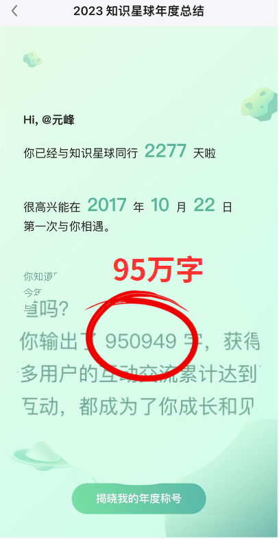 图片是知识星球2023年度总结界面，显示与知识星球同行2277天，首次相遇于2017年10月22日。核心内容是输出950949字，获得多用户互动交流累计达到互动，成为成长和见。图片与上下文紧密相关，通过具体数据呈现作者在知识星球的活跃度和产出量，强调其在AI破局中持续分享，享受表达者红利。