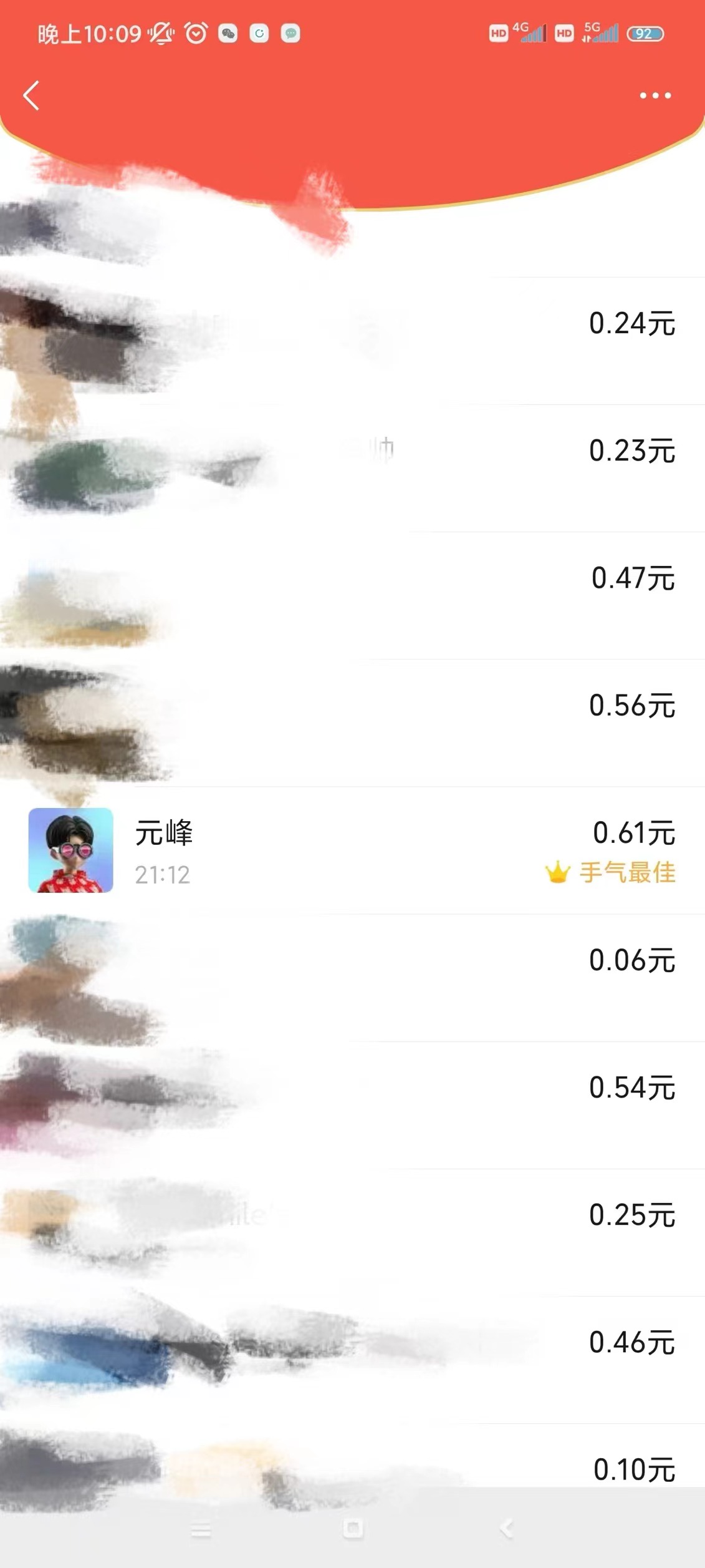 图片展示的是一个抽奖界面，上方有“元峰”及时间“21:12”。界面中显示多个金额选项，如0.24元、0.23元、0.47元等，其中0.61元被标记为“手气最佳”。这些金额选项可能是抽奖活动中的奖品金额，用户通过抽奖可获得相应金额。该图片与上文提到的“免费星球就是自己的自留地，想发什么都可以，可以当朋友圈来发，也可以当公众号来写，但是要比这两个地方都灵活方便的多，可以随时进行修改”等内容相关，可能是在说明通过免费星球进行的线上活动或抽奖情况。