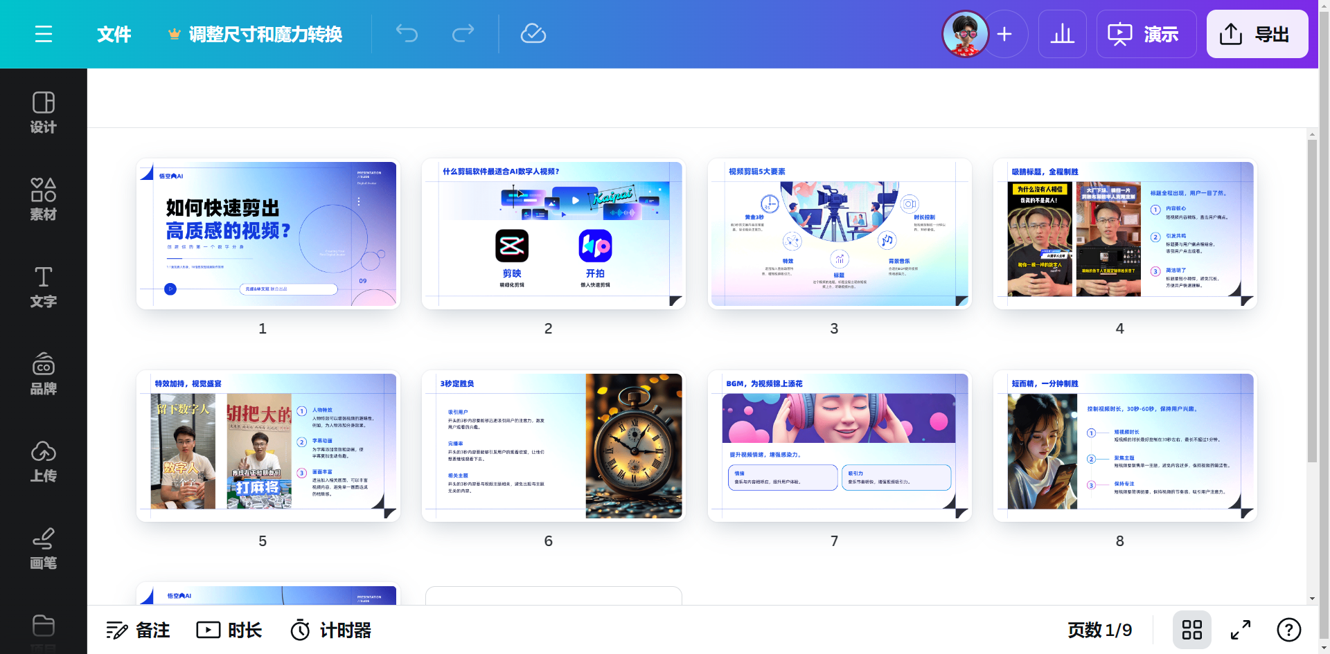 图片展示的是Gamma平台中制作的课程PPT页面。页面上方有“文件”“调整尺寸和魔力转换”等选项,右上角有“导出”按钮。页面主体呈现了9张PPT幻灯片,每张幻灯片都有编号,内容涉及视频剪辑、AI数字人、课程制作等多个主题,如“如何快速剪出高质量的视频?”“AI数字人是什么?”等。底部有“备注”“时长”“计时器”等工具栏。该图与上下文介绍的课程制作中使用Gamma做PPT初稿的内容相关,展示了Gamma平台PPT制作效果。