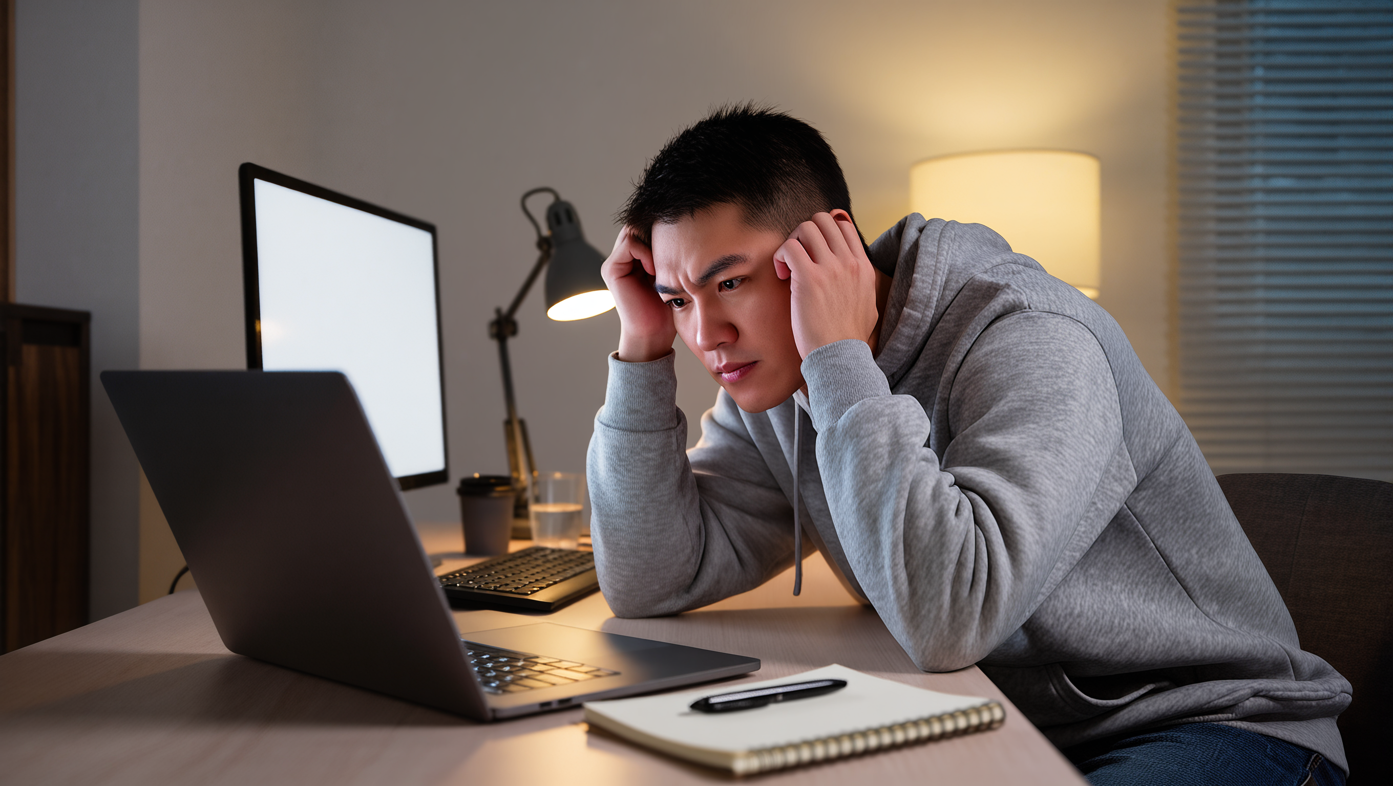 图片展示了一位坐在桌前的男子，他双手抱头，眉头紧锁，表情显得焦虑和疲惫。桌上摆放着笔记本电脑、键盘、台灯和水杯等物品。这张图片与文档中作者最近几个月因专注于完善必火AI数字人平台而工作压力大、输出频率下降的内容相关，形象地反映了作者因产品工作繁忙、用户反馈多而产生的焦虑情绪。