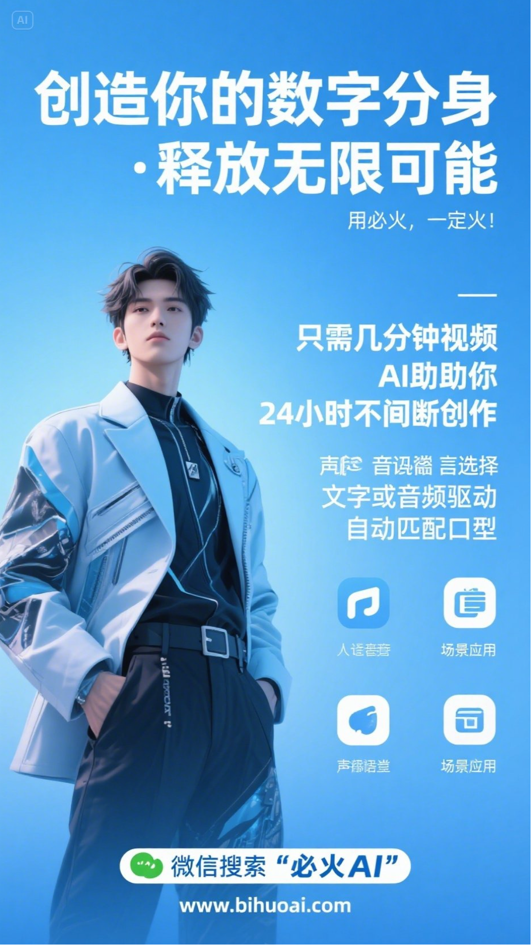 图片展示的是“必火AI”的宣传海报。背景为蓝色渐变，左侧有“AI”标识。海报上方文字为“创造你的数字分身 · 释放无限可能”，并有“用必火，一定火！”的标语。中间部分介绍只需几分钟视频，AI助你24小时不间断创作，支持声控、音语端、言选择、文字或音频驱动，自动匹配口型。下方有四个图标，分别对应人设驱动、场景应用、声控适配、场景应用。底部提示微信搜索“必火AI”，并有网址www.bihuoai.com。