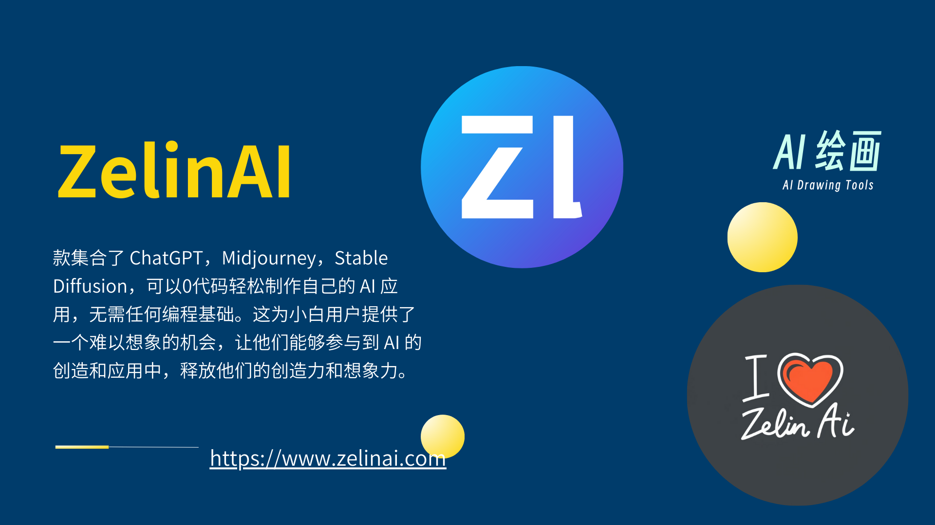图片展示了ZelinAI相关信息。背景为深蓝色，左侧以黄色字体突出显示“ZelinAI”，下方文字说明其集合了ChatGPT、Midjourney、Stable Diffusion，可0代码制作AI应用，适合小白用户发挥创造力。中间有较大的“ZI”标识，背景颜色蓝紫渐变。右侧有“AI绘画 AI Drawing Tools”字样，下方圆形图案内写有“I ❤️ Zelin Ai”。底部提供工具网址https://www.zelinai.com 。图片与上下文相呼应，直观呈现了ZelinAI的相关特点与网址。