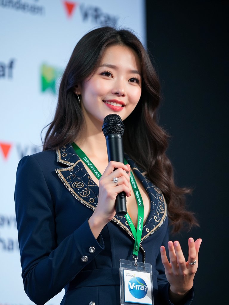 图中是一位长发女士,身着带有金色花纹装饰的深蓝色西装,手持黑色麦克风,面带微笑,左手抬起似在辅助表达。脖子上挂着绿色挂绳,挂绳上有标识牌,牌上有“V-Ray”字样。此图片位于介绍Flux.1在AI绘画界表现相关内容中,似乎与整体介绍AI绘画的主题并无直接关联,可能是文档配图错误。