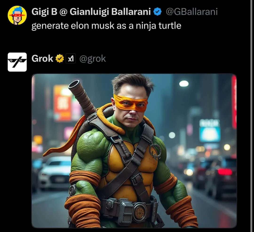 图片展示了Grok利用AI生成的图像成果。上方是用户Gigi B @Gianluigi Ballarani的指令“generate elon musk as a ninja turtle”(生成埃隆·马斯克为忍者神龟形象),下方是Grok生成的图像,画面中是身着忍者神龟服饰、背着武器的埃隆·马斯克形象,背景为城市夜景。这与文档中提到的Black Forest Labs和xAI合作,为Grok 2提供图像生成功能相呼应,直观呈现了Flux.1模型应用于Grok的图像生成效果。