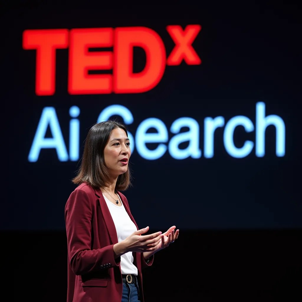 图片展示了一位身着酒红色西装外套和白色内搭的女性正在进行演讲,她双手摊开,姿态自然。背景屏幕上有红色的“TEDx”和蓝色的“AI Search”字样。结合上下文,此图片与TED用Flux掀起“真人演讲”比赛相关,说明图中内容是由Runway Gen 3和Flux生成的视频和图像场景之一,体现了Flux在生成逼真演讲场景方面的应用。
