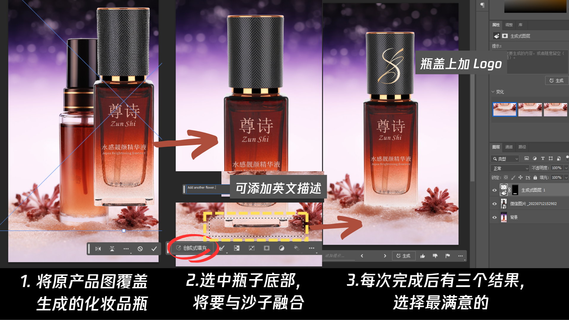 图片展示了在PS中使用创成式填充功能将产品原图覆盖生成化妆品瓶的步骤。左侧为原产品图，中间是选中瓶子底部将要与沙子融合的区域，右侧是瓶盖上加Logo的效果。底部文字说明了三个步骤：1. 将原产品图覆盖生成的化妆品瓶；2. 选中瓶子底部，将要与沙子融合；3. 每次完成后有三个结果，选择最满意的。此图与上文提到的用PS创成式填充功能将产品原图覆盖稿图内产品部分，以达到瓶子底部与沙子融合效果的内容相呼应。