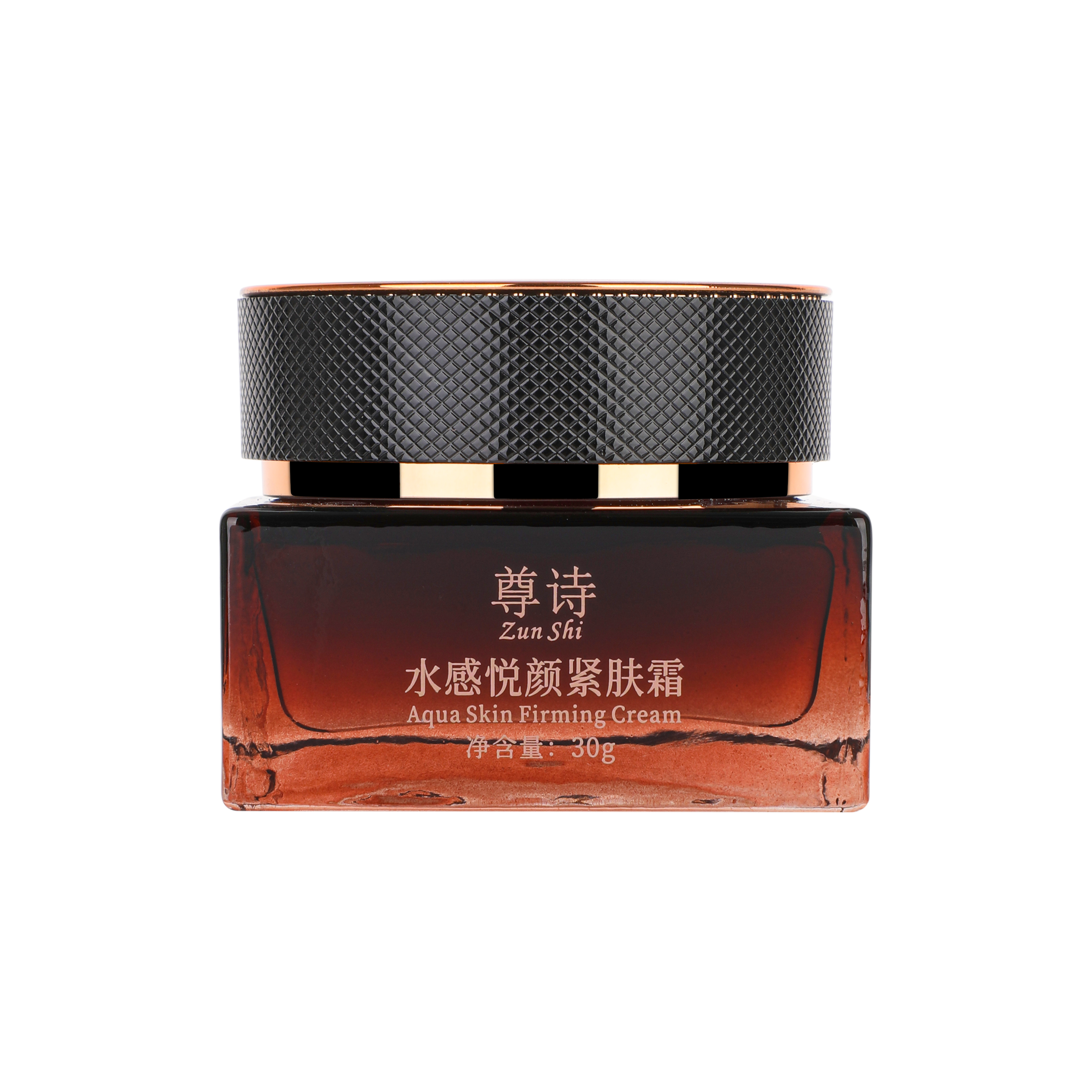 图片展示的是尊诗品牌的一款产品原图，为水感悦颜紧肤霜，净含量30g。瓶身呈透明棕色，内有红色液体，瓶盖为黑色，带有金色装饰。瓶身正面印有“尊诗”及“Zun Shi”字样，下方标注“水感悦颜紧肤霜”及英文“Aqua Skin Firming Cream”。该图片位于“24小时AI设计挑战：做了一个品牌Logo”文档中“产品设计流程”部分，用于展示尊诗产品原貌，为后续设计工作提供参考。