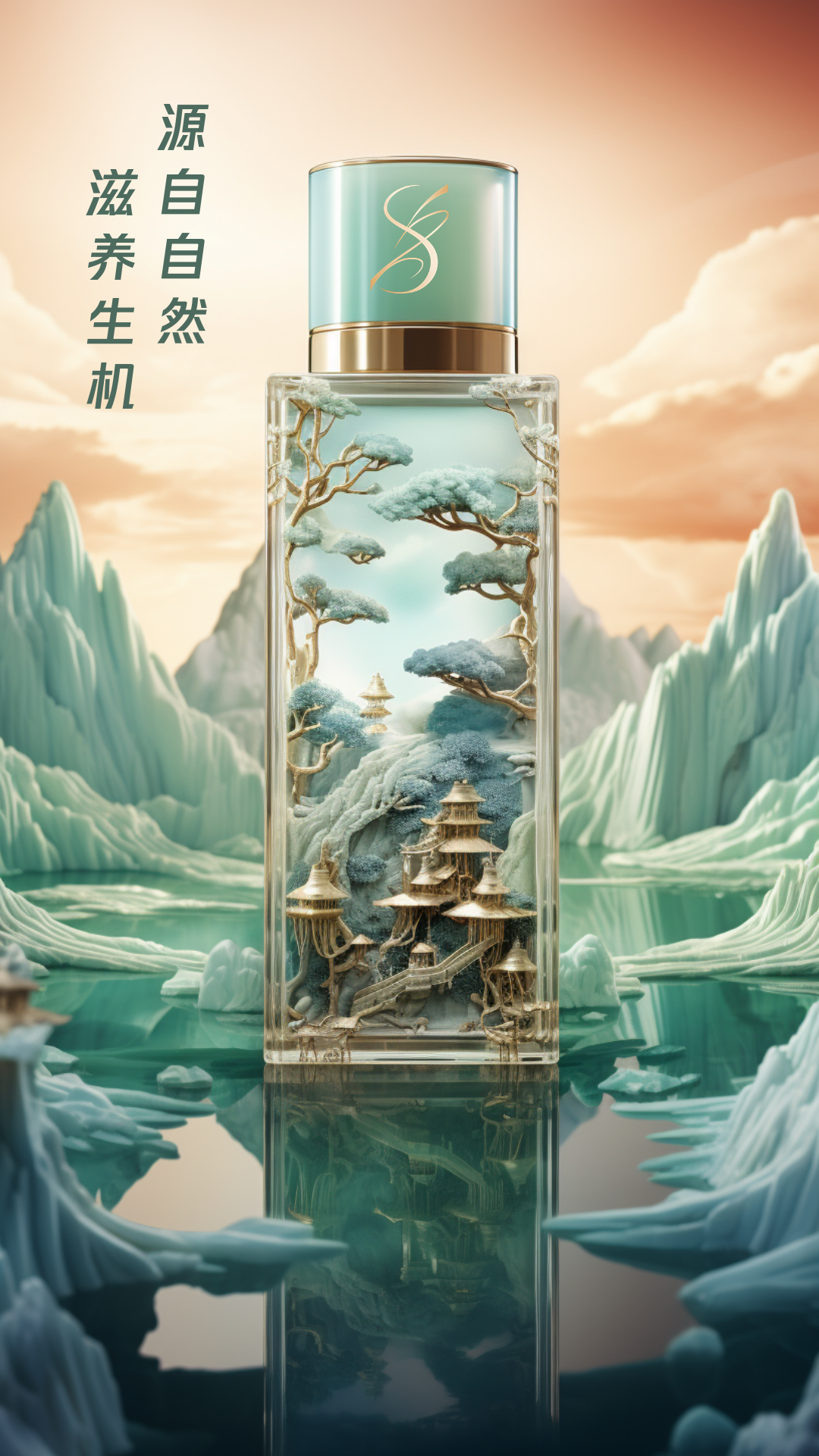 图片展示了一款未来风格的化妆品包装。包装瓶身呈透明状，瓶盖为金色，瓶身主体为浅蓝色，瓶身上有金色的微雕装饰，呈现了未来感画面，如抽象的星空、城市或数字世界。背景是梦幻的山水画，有山峰、云朵和建筑等元素，整体色调以冷色调为主，体现了尊诗对未来美丽的追求。图片与上下文紧密相关，直观呈现了未来风格包装设计的创意与美感。