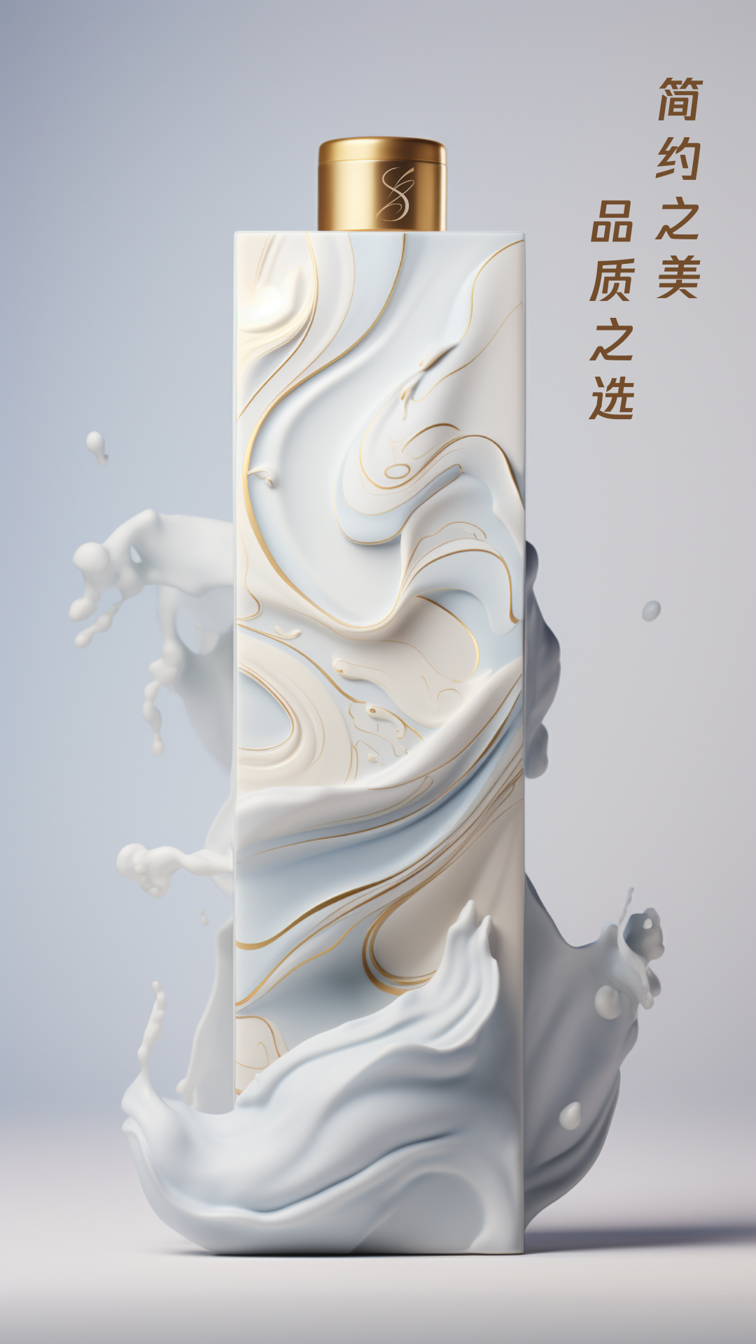 图片展示了一款极简主义风格的包装设计。包装为白色，表面有细腻的金色线条勾勒出流动的曲线，呈现出自然的波浪效果。左侧有类似牛奶飞溅的白色液体图案，右侧有自然的海浪图案。包装顶部有一个金色的瓶盖，瓶盖上有一个金色的“S”形标志。右侧竖排文字为“简约之美 品质之选”。该图片与文档中“极简主义”包装设计的内容相关，体现了简洁的设计风格。