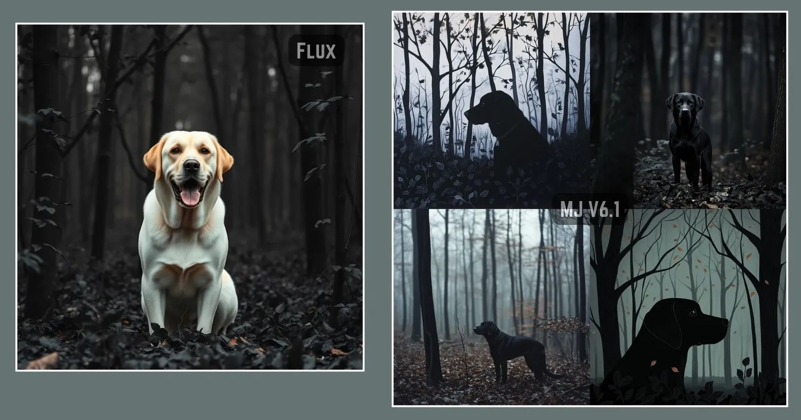 图片展示了Flux.1与Midjourney v6.1生成图像的对比。左侧是Flux.1生成的一只在黑色森林场景中的拉布拉多犬,毛色为黄白相间,狗张着嘴,显得较为活泼,背景是黑色的树和叶子。右侧四张图是Midjourney v6.1生成的图像,同样是黑色森林背景下的拉布拉多犬,但整体色调偏暗,狗多为黑色轮廓状。图片与上文“黑色森林中的拉布拉多,有黑色的树和黑色的叶子”的提示词相呼应,用于展示Flux.1的图像生成效果。