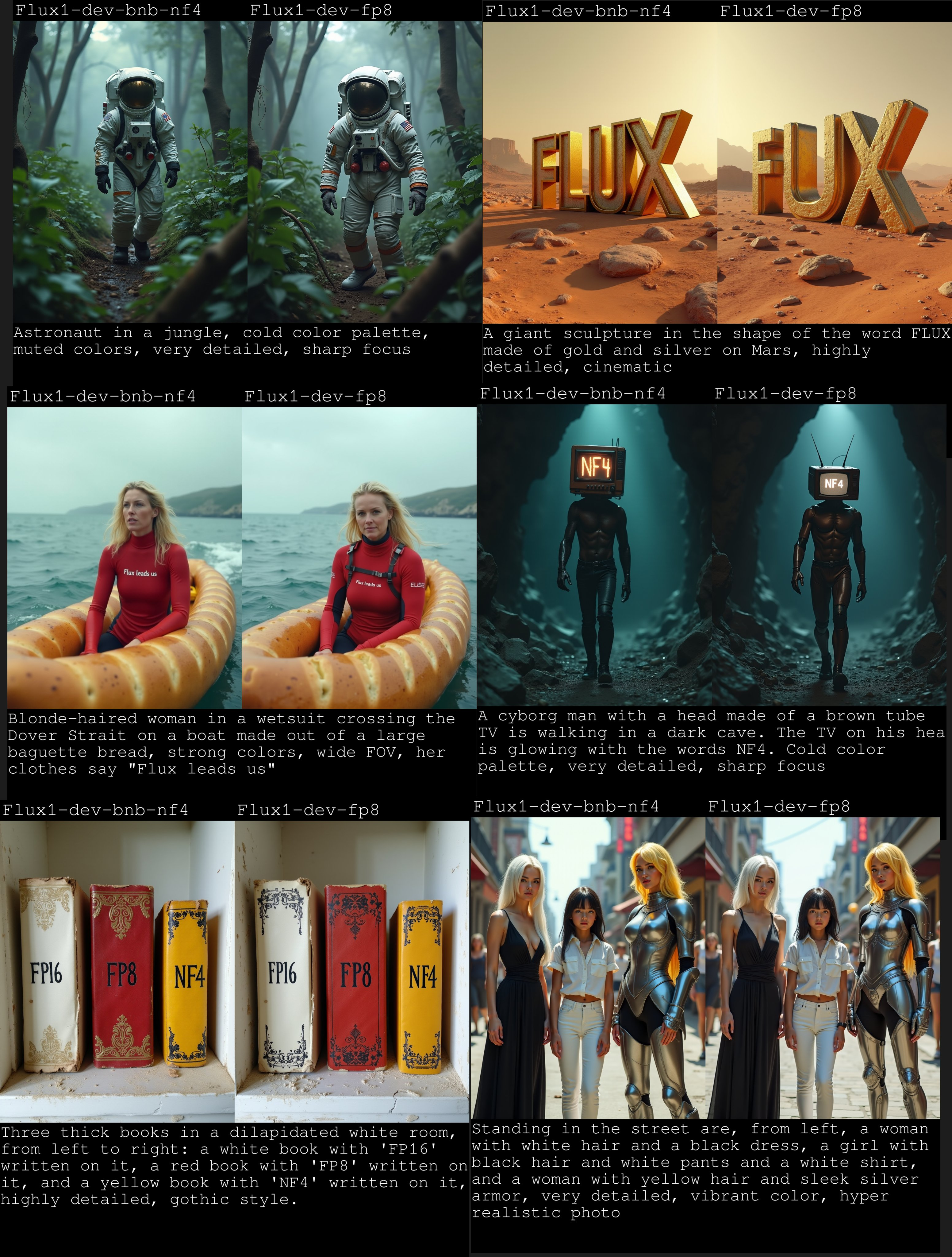 图片展示了Flux.1 dev不同模型版本生成的图像对比。包含身着宇航服身处丛林的宇航员、火星上的“FLUX”巨型雕塑、泛舟的金发女子、头戴棕色电视的赛博朋克男子、白色房间中的书籍,以及街头的女性群体等图像。这些图像色彩风格各异,有的色调冷峻,有的鲜艳逼真,展现出Flux.1 dev在图像生成上的多样性,与上文提到的Flux.1 dev不同模型版本对比的内容相契合。