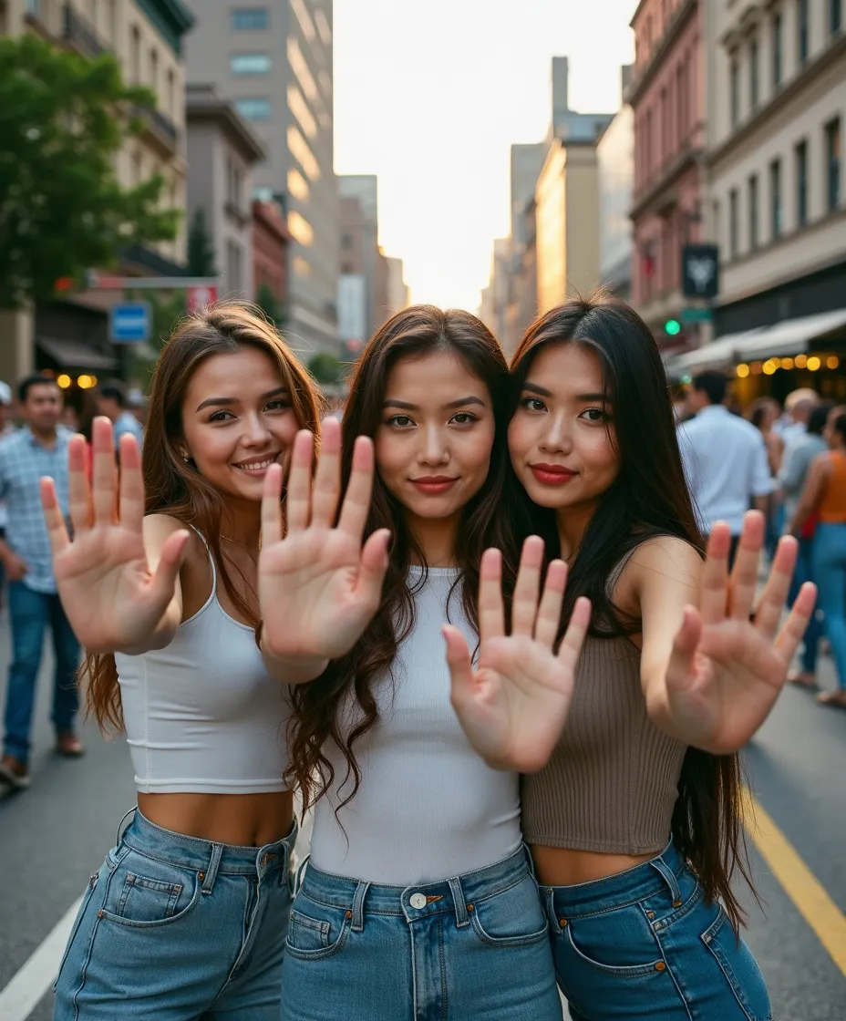 图片展示了三位年轻女性在城市街道上的合影。她们穿着白色、浅棕色背心及蓝色牛仔裤,面带微笑,同时伸出手掌朝向镜头。背景中可看到两旁的建筑、街道上的行人和绿树,整体氛围轻松愉悦。此图是用Flux.1 Pro生成的人物图像示例,位于文档中介绍Flux.1 Pro生成人物图像,强调发丝、手指等细节精度的上下文部分,用以直观呈现该模型在人物图像生成方面的效果。