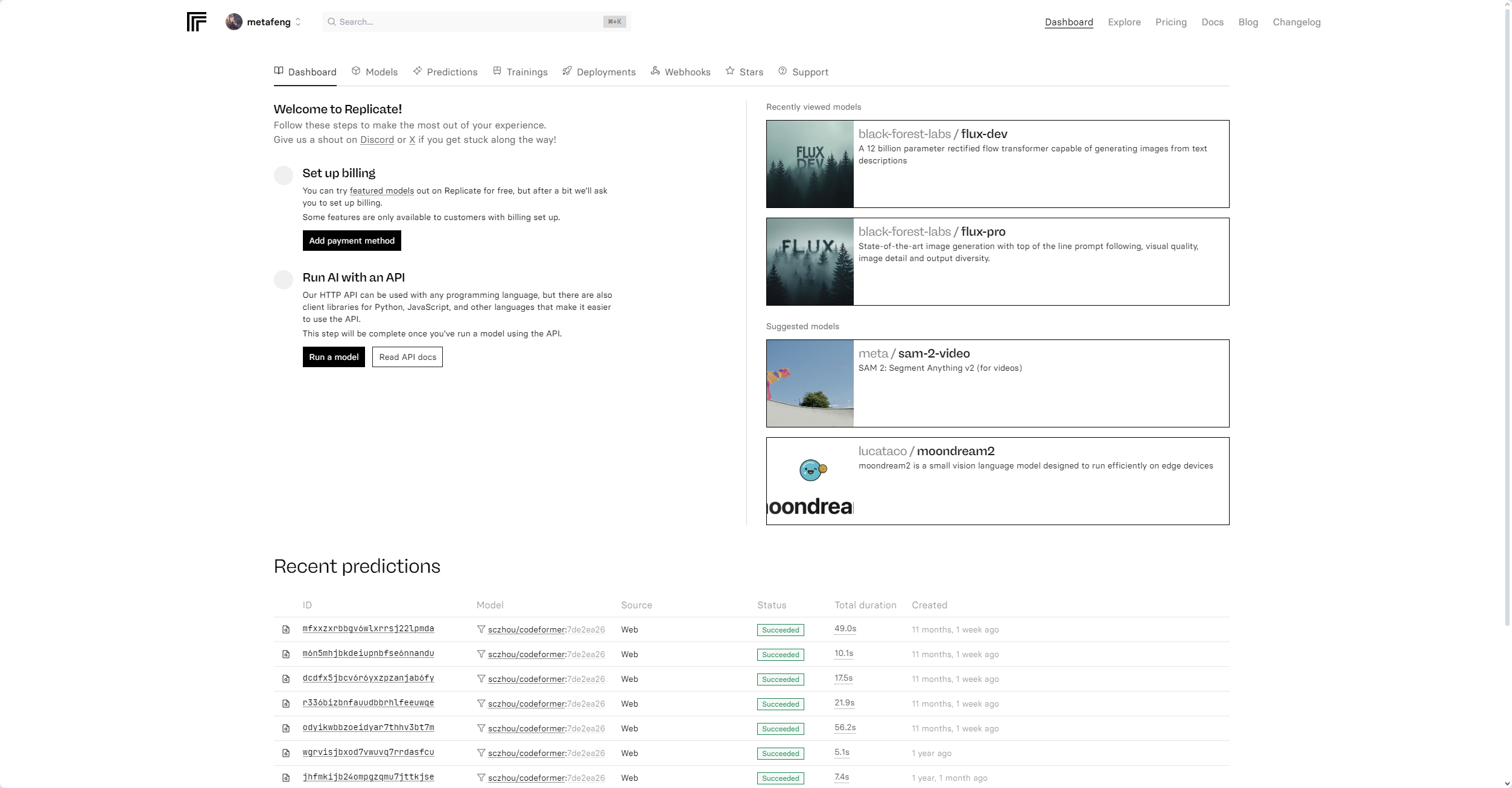 图片展示的是Replicate平台的界面。界面上方有“Welcome to Replicate!”的欢迎语,下方有“Set up billing”“Run AI models on API”等操作提示。右侧区域显示了多个模型相关内容,如“Flux.1 - The new...”等。下方还有“Recent predictions”板块,列出了一些预测记录。此图与上下文相关,上下文介绍了使用Flux.1可选择的工具,其中提到Replicate平台,此图即该平台界面,辅助说明在Replicate平台使用Flux.1的场景。