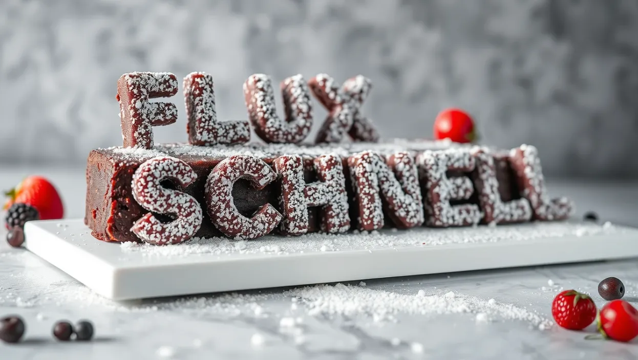 图片展示了一块黑森林蛋糕,蛋糕上用巧克力块拼出“FLUX SCHNELL”字样,表面撒有糖粉。蛋糕放置在白色托盘上,周围散落着几颗草莓和黑加仑等浆果。图片与上文提到的Flux.1模型相关,是使用Flux.1模型,依据“黑森林蛋糕拼出‘FLUX SCHNELL’字样,美味,美食摄影,动态拍摄”的提示词所生成的美食摄影作品,展示了该模型的图像生成能力。