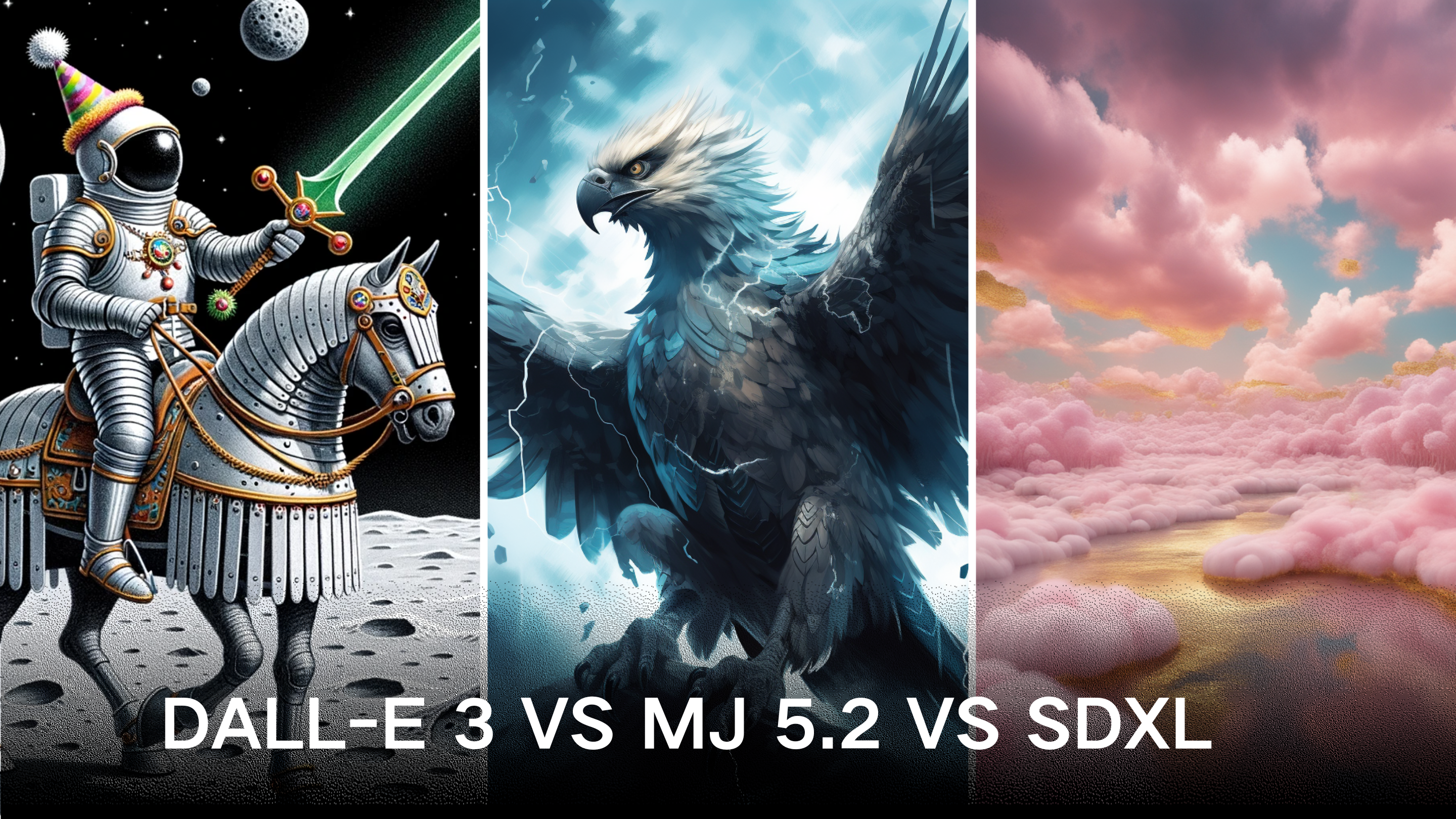 图片展示了DALL-E 3、MJ 5.2和SDXL三种AI绘画器生成的图像。左侧DALL-E 3图像中,宇航员身着中世纪盔甲,头戴派对帽,手持绿剑,骑着钢马在月球上;中间MJ 5.2图像为一只展翅的鹰,背景有闪电;右侧SDXL图像呈现粉蓝渐变天空,云层与地面相接。图片下方文字“DALL-E 3 VS MJ 5.2 VS SDXL”表明这是三种绘画器的对比展示,与上文提到的使用六种提示词比较三种绘画器,看看哪一种能产生最佳结果相呼应。