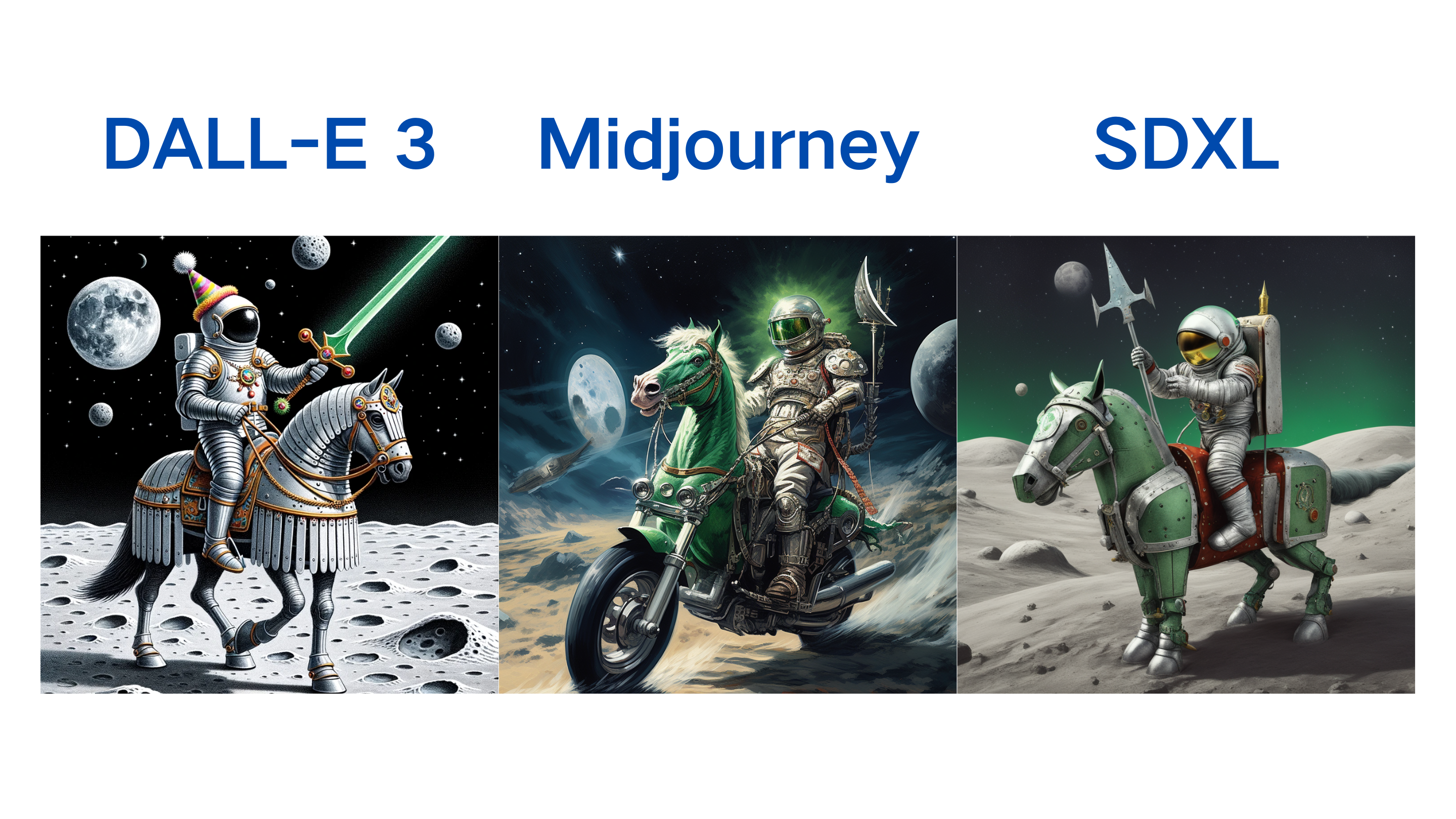图片展示了DALL-E 3、Midjourney和SDXL三种绘画器在连贯性测试中的表现。左侧是DALL-E 3的画作,宇航员骑着钢马,背景为月球表面;中间是Midjourney的画作,宇航员骑着摩托车,背景有月亮;右侧是SDXL的画作,宇航员骑着马,手持长矛,背景为月球表面。三幅画作均符合提示词要求,但DALL-E 3的画作与提示词中“派对帽”“绿色剑”等细节较为契合,展示了其连贯性优势。