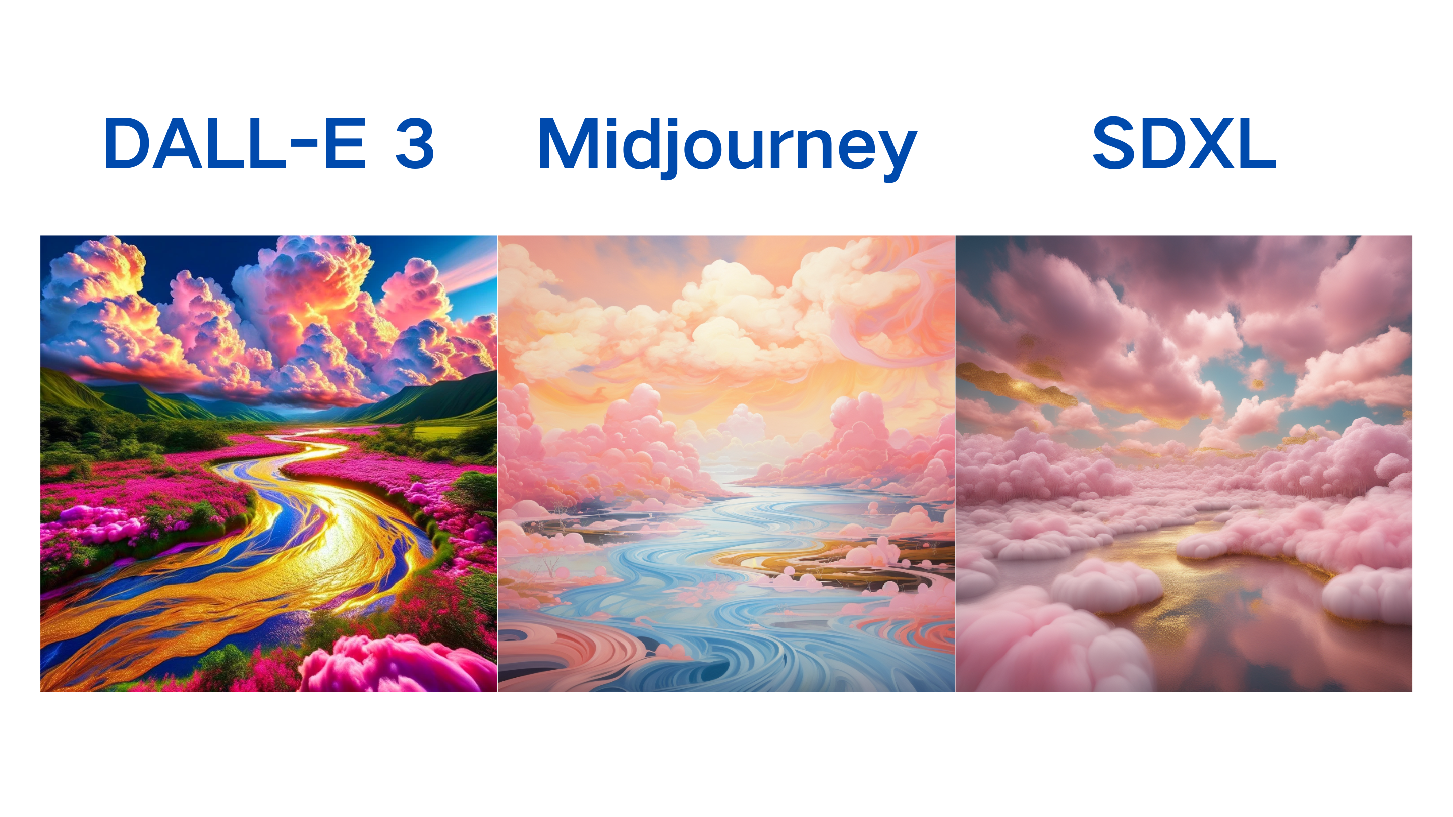 图片展示了DALL-E 3、Midjourney和SDXL三种AI模型生成的超现实景观图像。左侧DALL-E 3图像中,云朵由棉花糖组成,河流流淌着液体黄金,色彩鲜艳;中间Midjourney图像中,云朵同样由棉花糖组成,河流为蓝色液体,色彩柔和;右侧SDXL图像中,云朵由粉色棉花糖组成,河流为液体黄金,色彩梦幻。该图与上下文关系紧密,直观呈现了三种模型在实现梦幻般风景、云朵由棉花糖组成、河流流淌液体黄金等创意方面的表现。