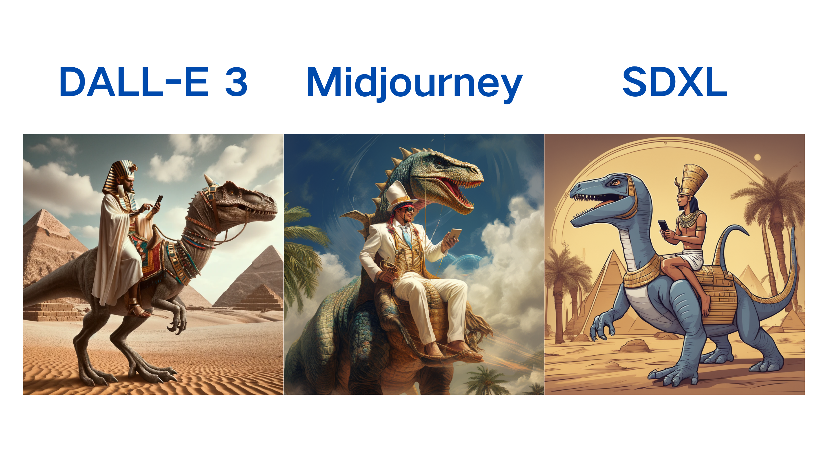 图片展示了DALL-E 3、Midjourney和SDXL三种AI图像生成器对“古埃及法老骑着恐龙使用现代智能手机”这一Prompt的生成结果。DALL-E 3画面中法老骑着恐龙,背景有金字塔;Midjourney画面中法老骑着恐龙,背景有棕榈树;SDXL画面中法老骑着恐龙,背景有棕榈树和金字塔。该图与上下文紧密相关,直观呈现了三种AI生成器的表现,对比其对复杂场景的处理能力。