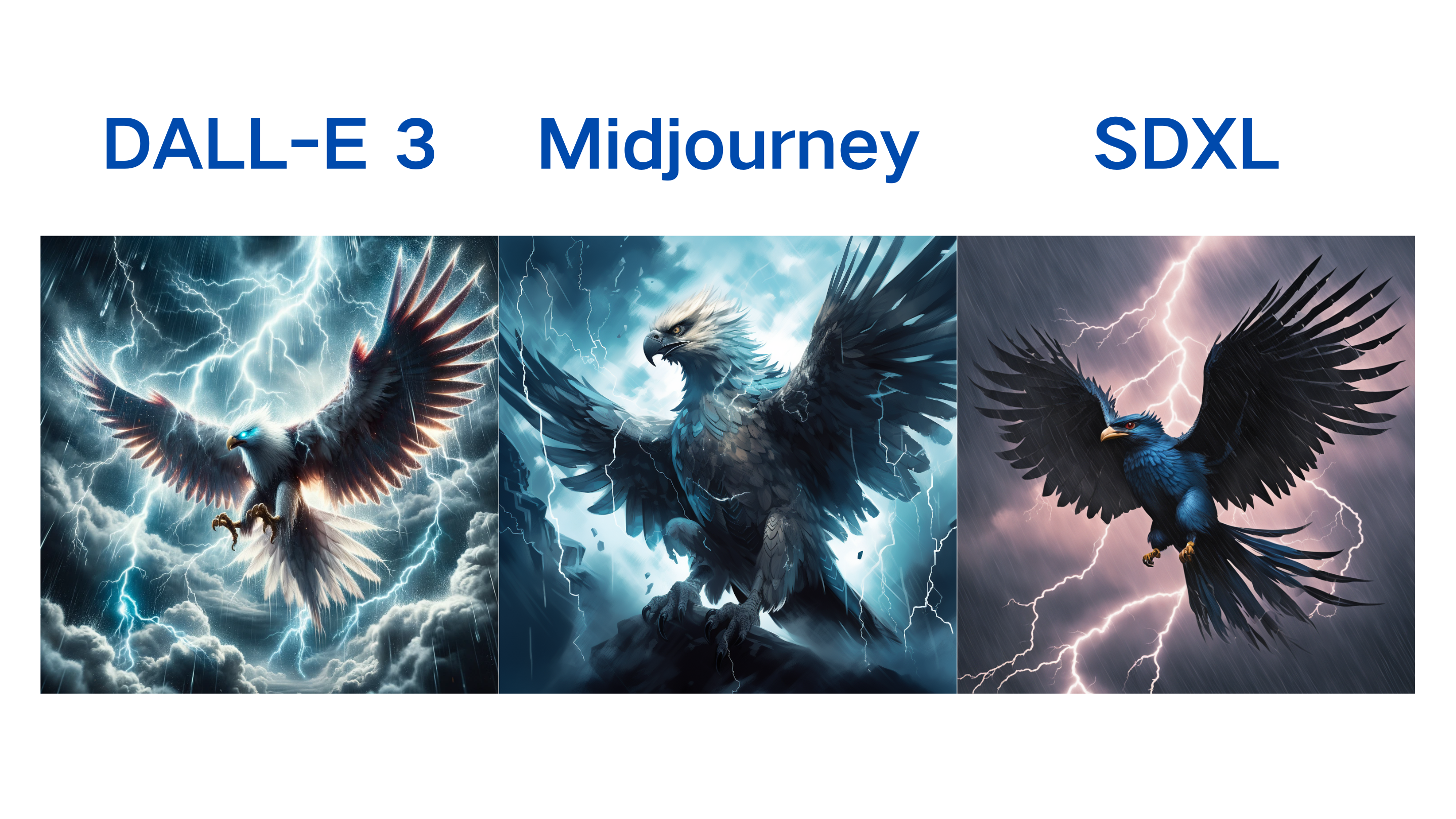 图片展示了DALL-E 3、Midjourney和SDXL三种AI模型生成的“雷鸟”图像。左侧DALL-E 3生成的图像中,雷鸟展翅飞翔,背景是闪电和乌云;中间Midjourney生成的图像,雷鸟站立于岩石上,背景有闪电和冰霜效果;右侧SDXL生成的图像,雷鸟展翅,背景是闪电和紫色云层。图片与上下文紧密相关,直观呈现了三种模型在生成“雷鸟”图像方面的表现,辅助说明最终Midjourney夺魁的情况。