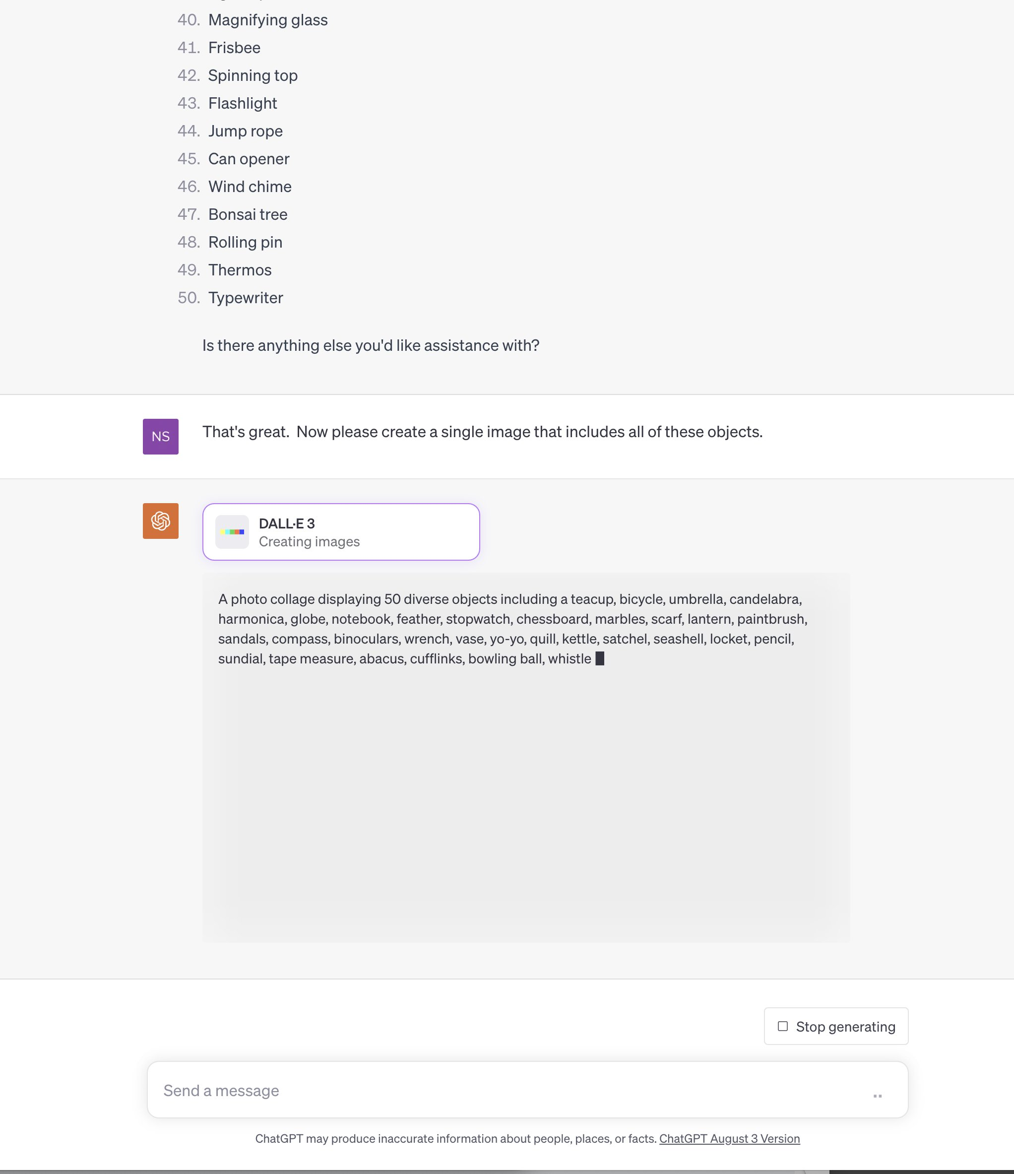 图片展示了ChatGPT与DALL-E 3的交互界面。ChatGPT先列出50个日常物体，如放大镜、秋千等，随后要求DALL-E 3画出包含所有这些物体的单幅图像。DALL-E 3回复称将创建一幅包含50种不同物体的图像，如树、自行车、雨伞等。该图片与上下文紧密相关，直观呈现了上下文中Nathan Shipley让ChatGPT列出50个日常物体，再由DALL-E 3画出包含所有物体的图像这一挑战的交互过程。