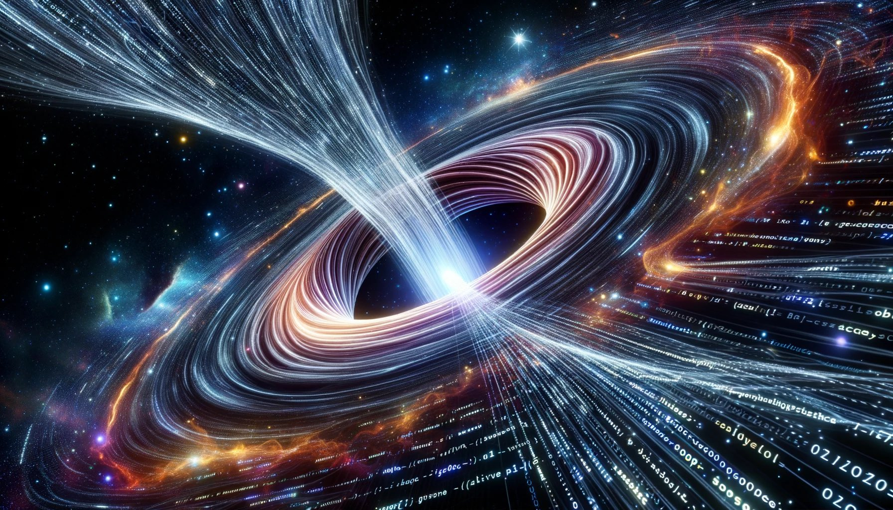 图片展示的是名为“Wormhole singularity with code flowing into the event horizon, futuristic and awe inspiring.”的科幻场景。画面中，一个充满未来感的虫洞奇点，其周围环绕着色彩斑斓的光带，光带交织成复杂的图案，仿佛有代码在流动。背景是深邃的宇宙空间，点缀着星星和星云，整体画面充满神秘与震撼感，与文档中描述的科幻主题相契合。