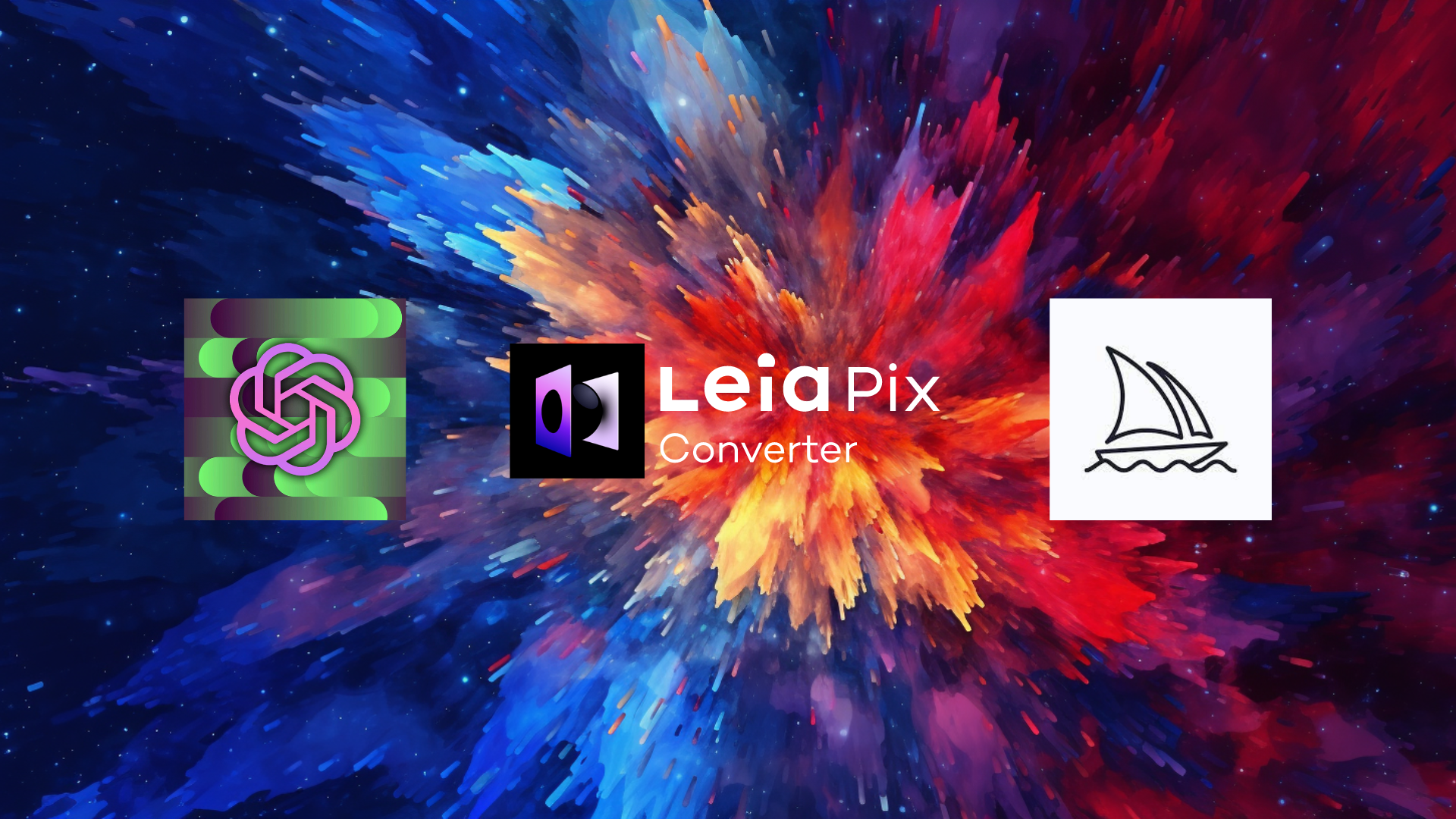图片展示了LeiaPix Converter的相关内容。背景为色彩斑斓的爆炸效果,中间是LeiaPix Converter的标志。左侧是ChatGPT的标志,右侧是LeiaPix Converter的图标。该图片位于介绍LeiaPix Converter特点的上下文之前,可能是用于引出或强调LeiaPix Converter与其他工具或平台的关联,为后续介绍其特点做铺垫。