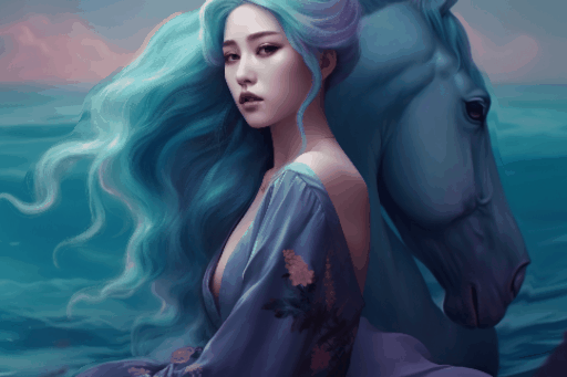 图片展示了一位身着蓝色服饰的女性,背景为蓝色调的海景,右侧有一匹马。女性长发飘逸,发色为蓝绿色,眼神深邃。画面整体色调柔和,带有梦幻色彩,与文档中“艺术与摄影”应用场景相契合,体现了LeiaPix Converter在艺术创作方面的应用效果。